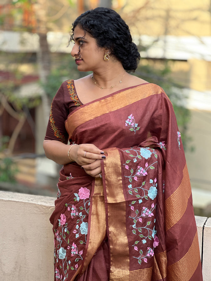 Floral Embroidery Bhagalpuri Linen Saree | NHH313