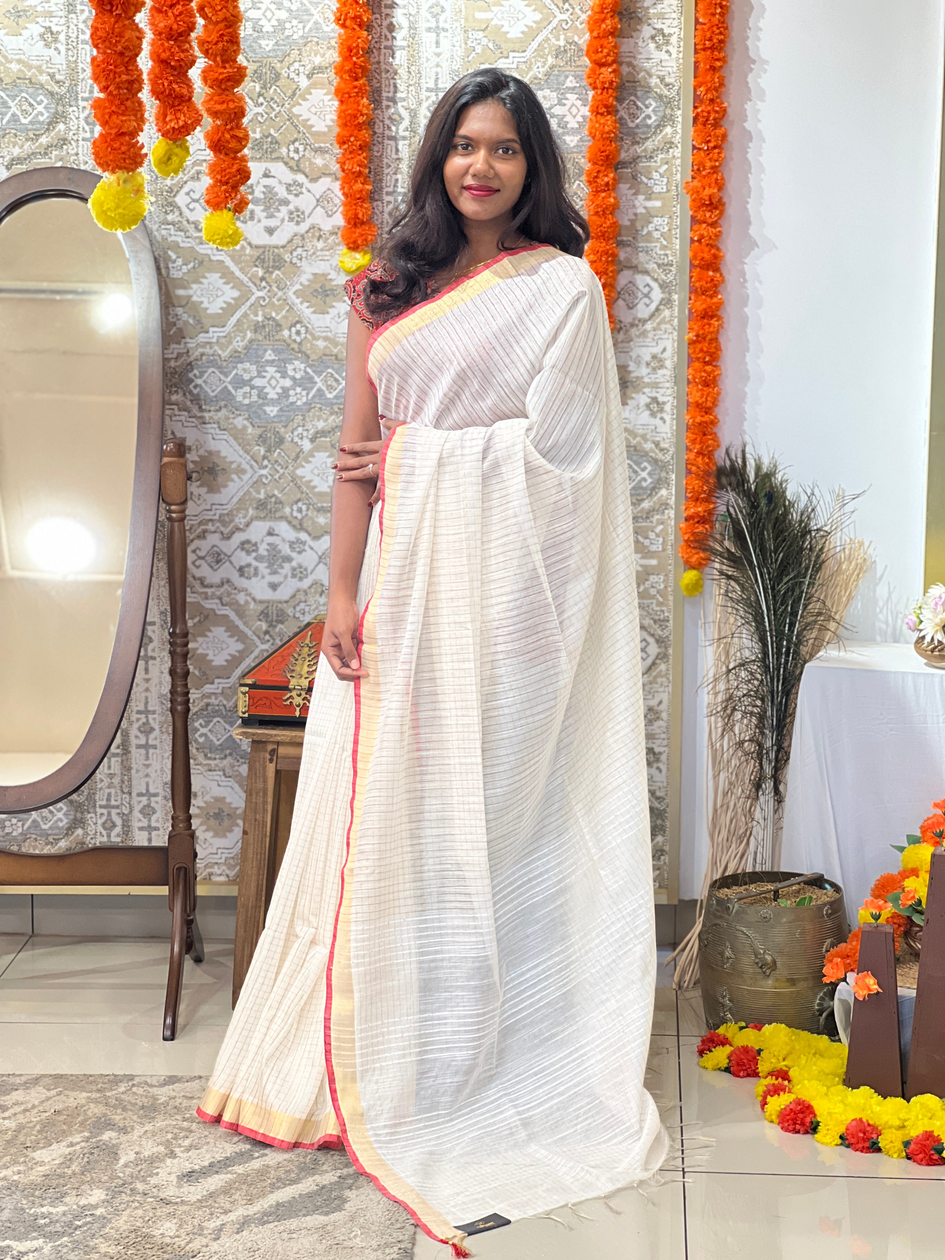 Zari Check Pattern  Bhagalpuri Linen Saree | SRE104