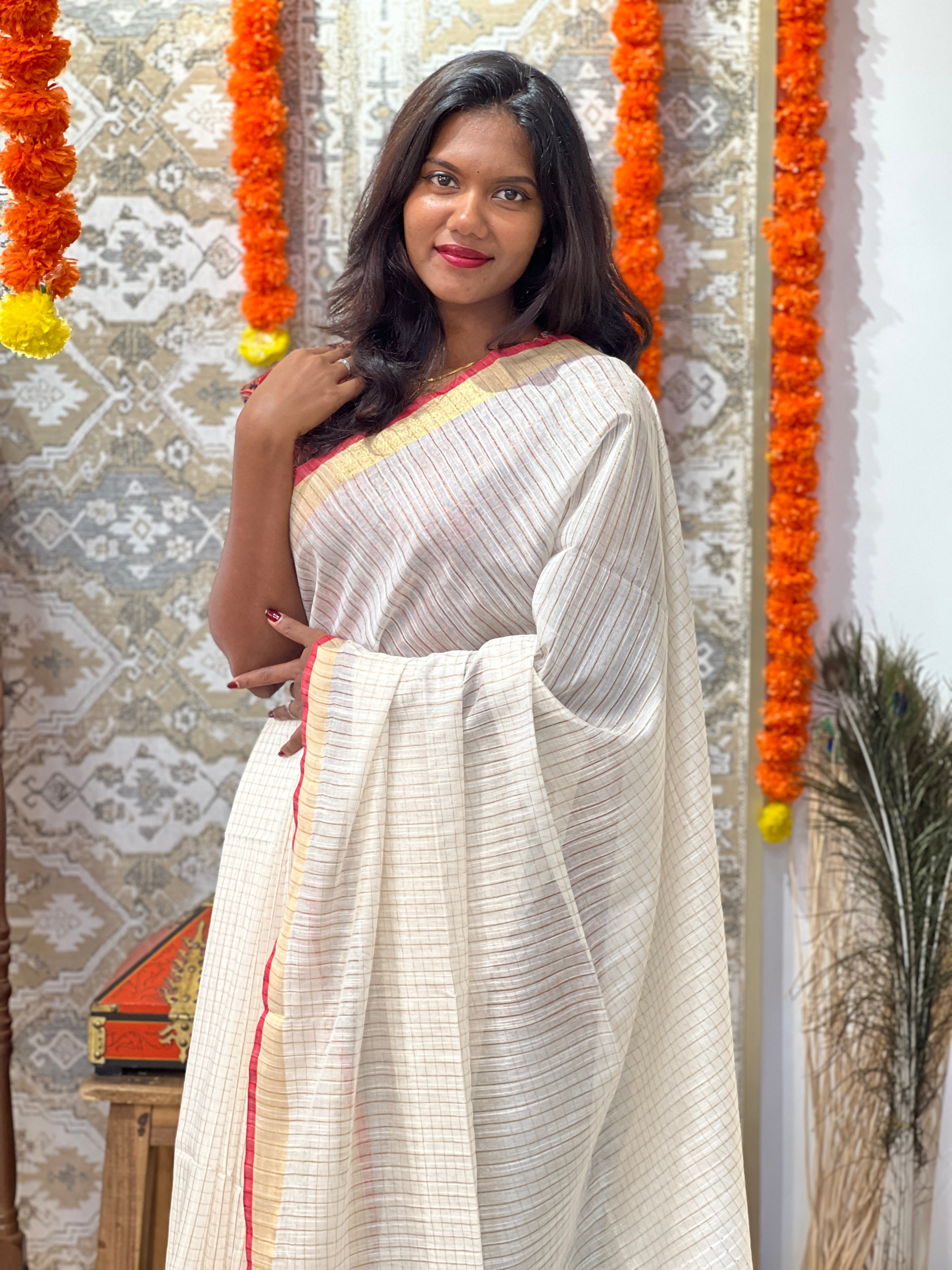 Zari Check Pattern  Bhagalpuri Linen Saree | SRE104