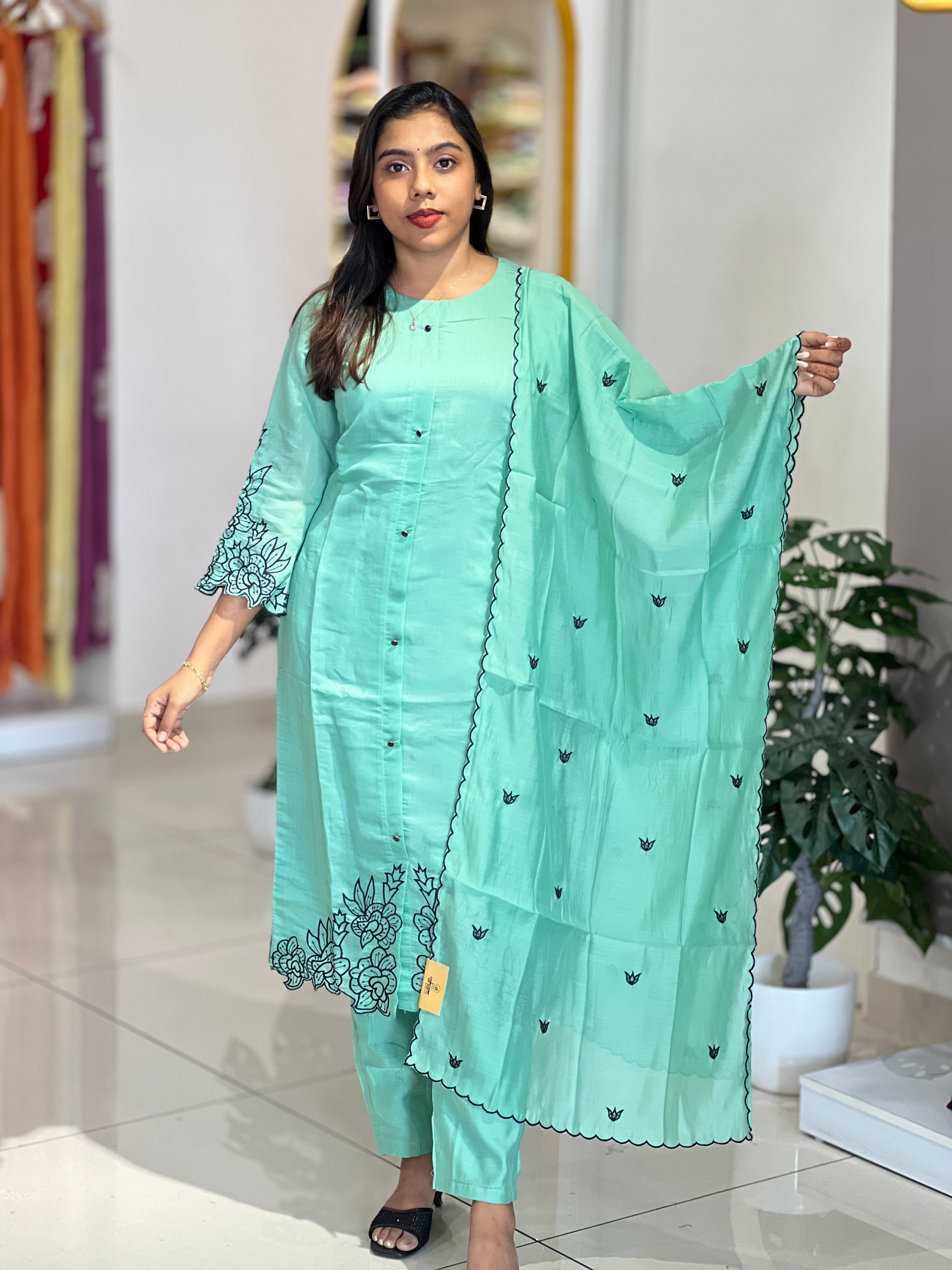 Machine Embroidery Detailed Mul Chanderi  Kurta Set | NAI222