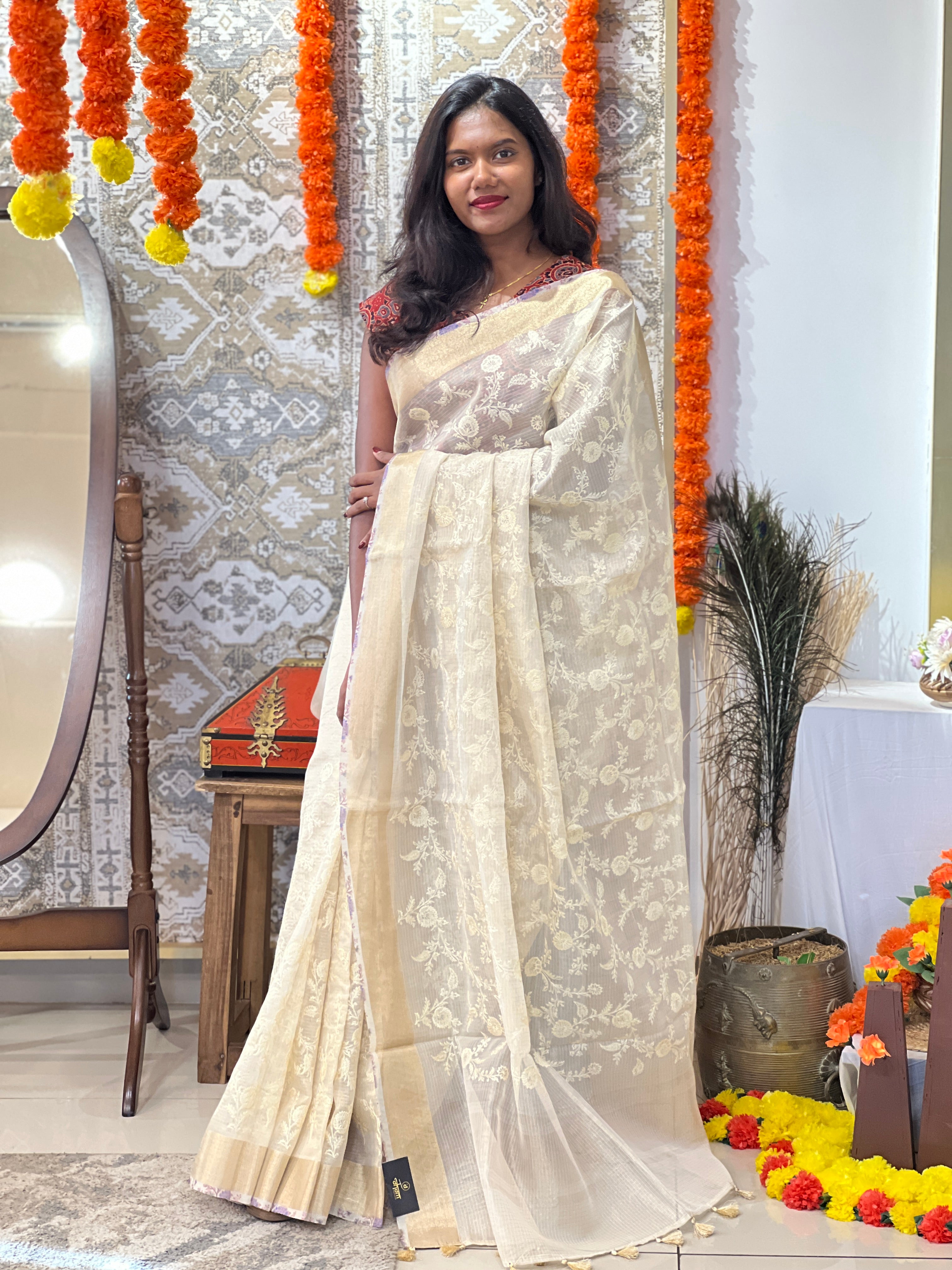 Lucknowi Inspired Embroidery Tissue Saree | MB173