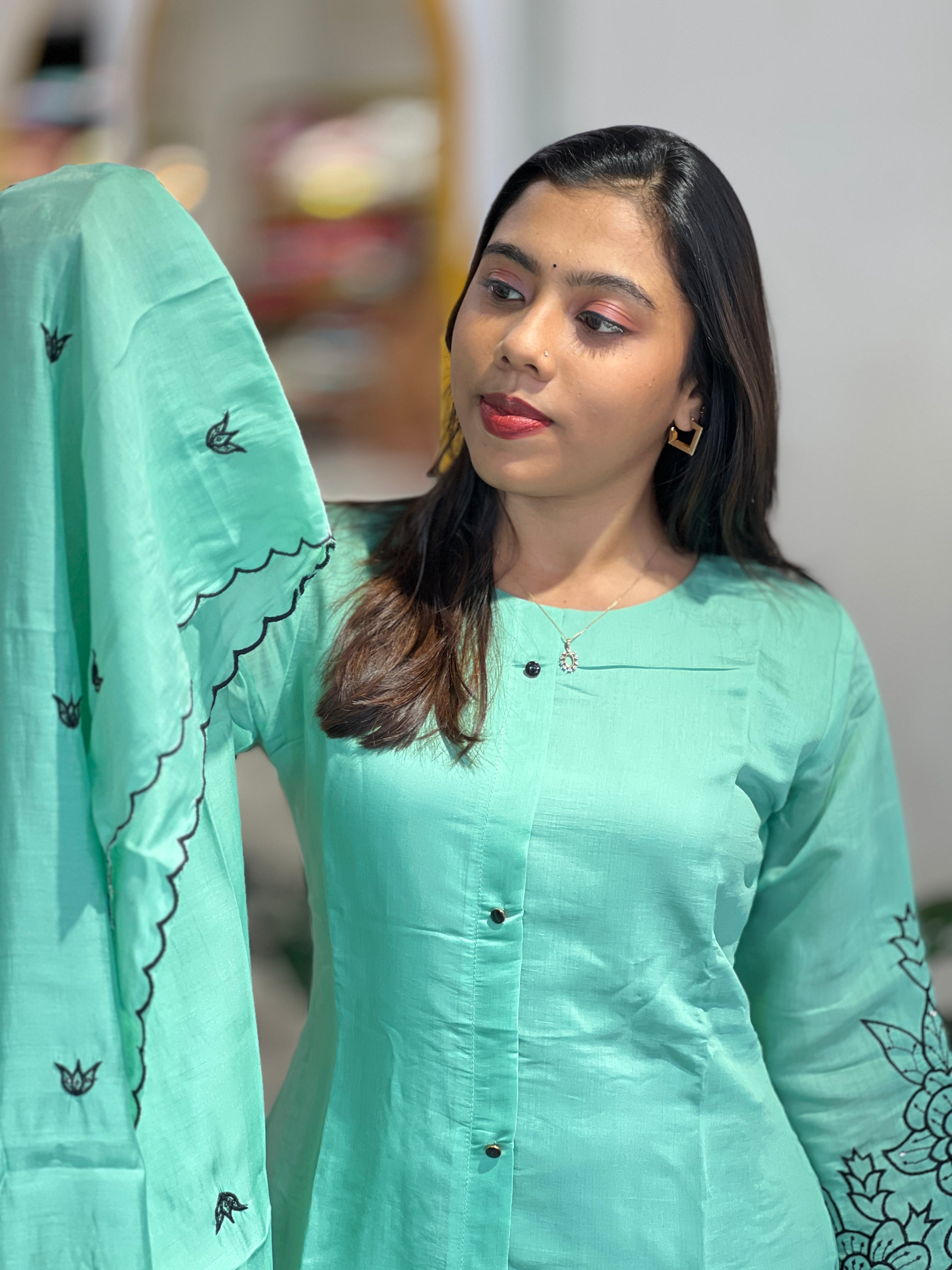 Machine Embroidery Detailed Mul Chanderi  Kurta Set | NAI222