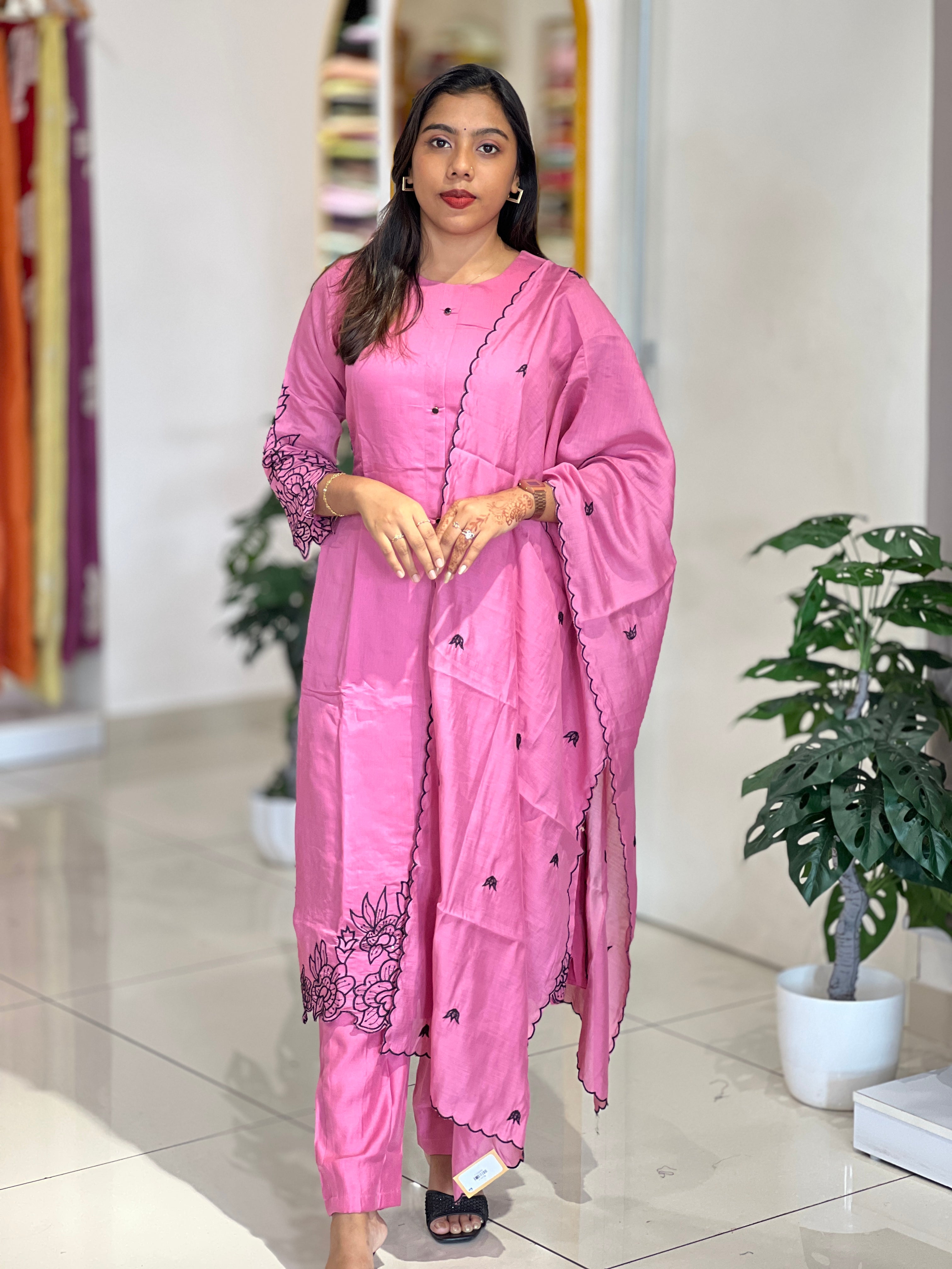 Machine Embroidery Detailed Mul Chanderi Kurta Set | NAI223