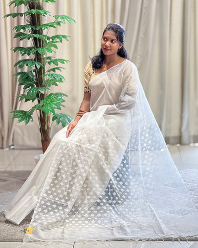 Thread Woven Geometric Patterned Linen Finish Saree | NHH494