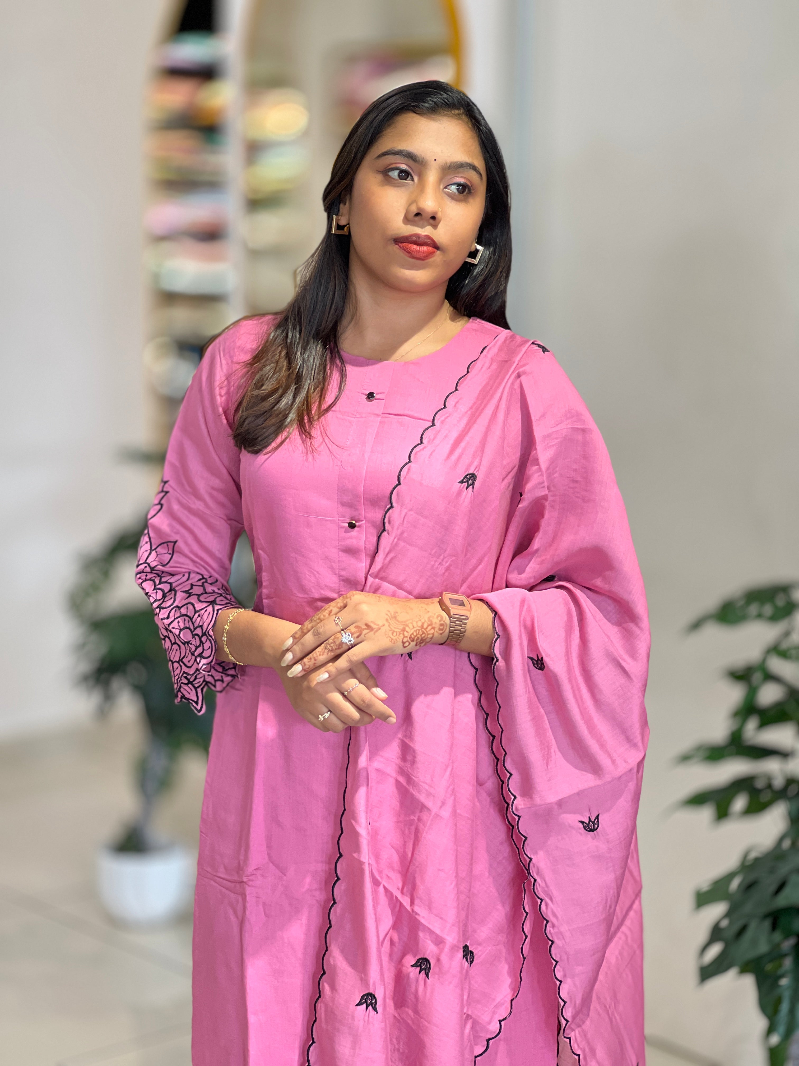 Machine Embroidery Detailed Mul Chanderi Kurta Set | NAI223