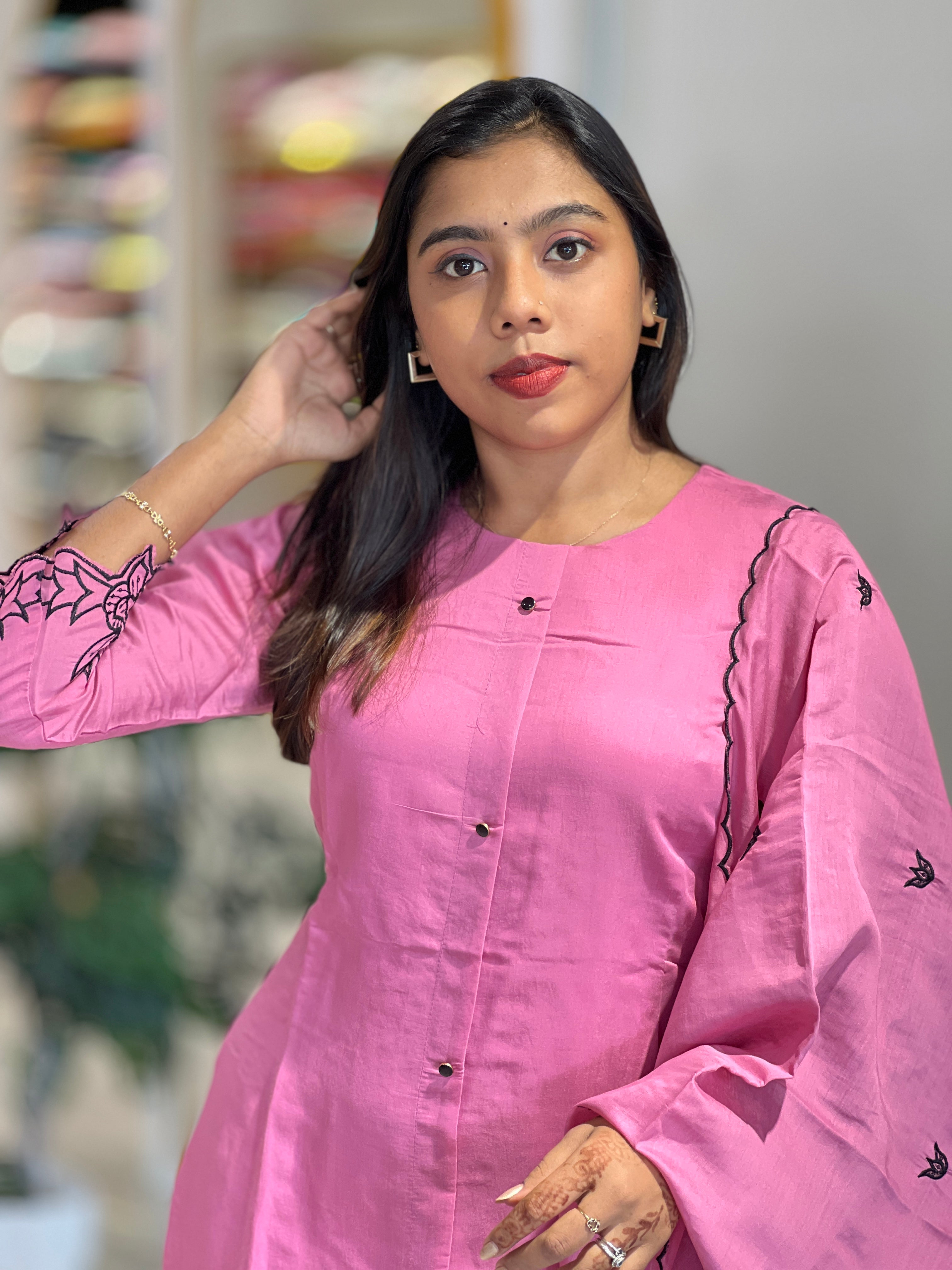 Machine Embroidery Detailed Mul Chanderi Kurta Set | NAI223