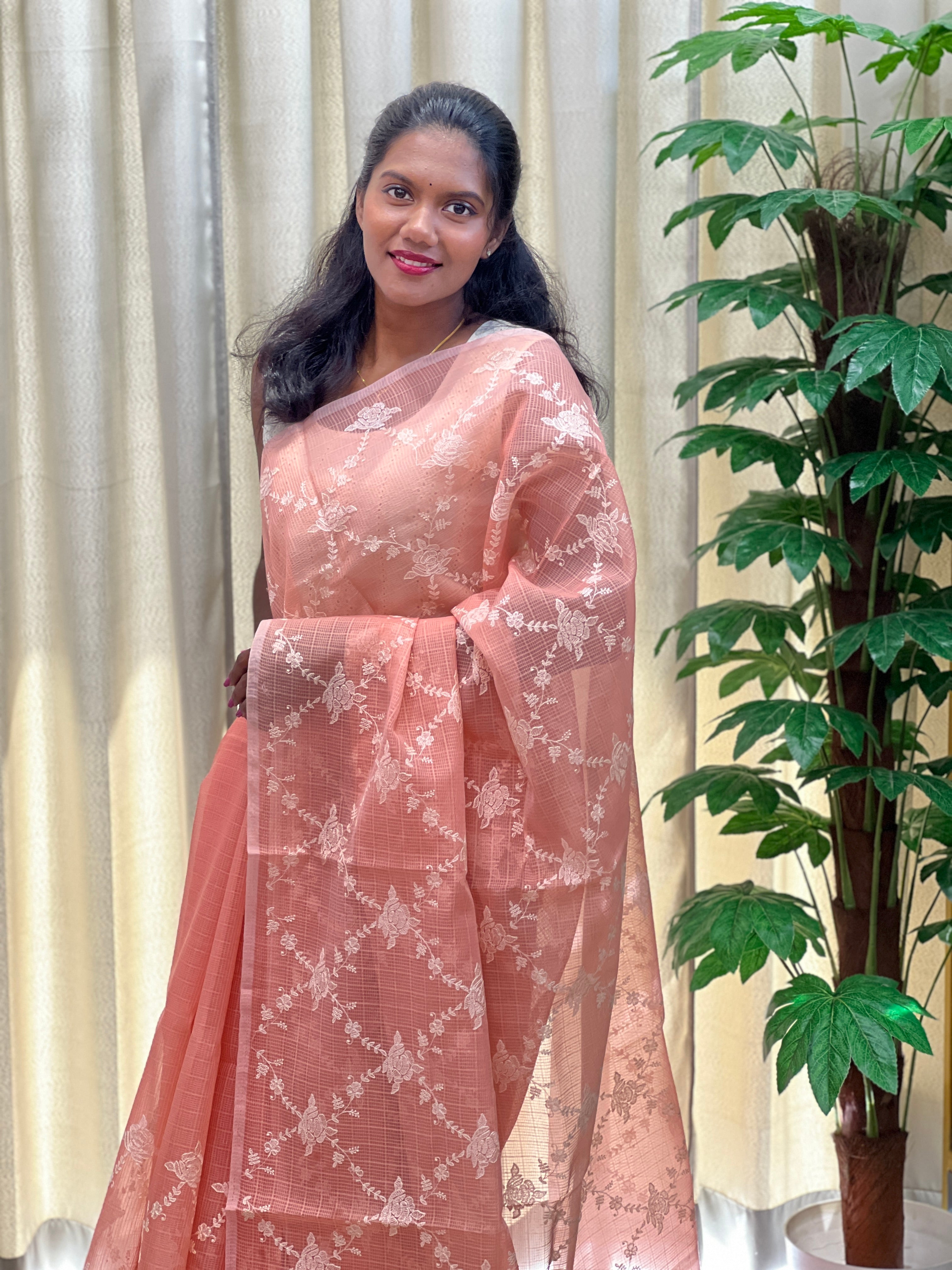 Floral Machine Embroidered Check Organza Saree | PKS105