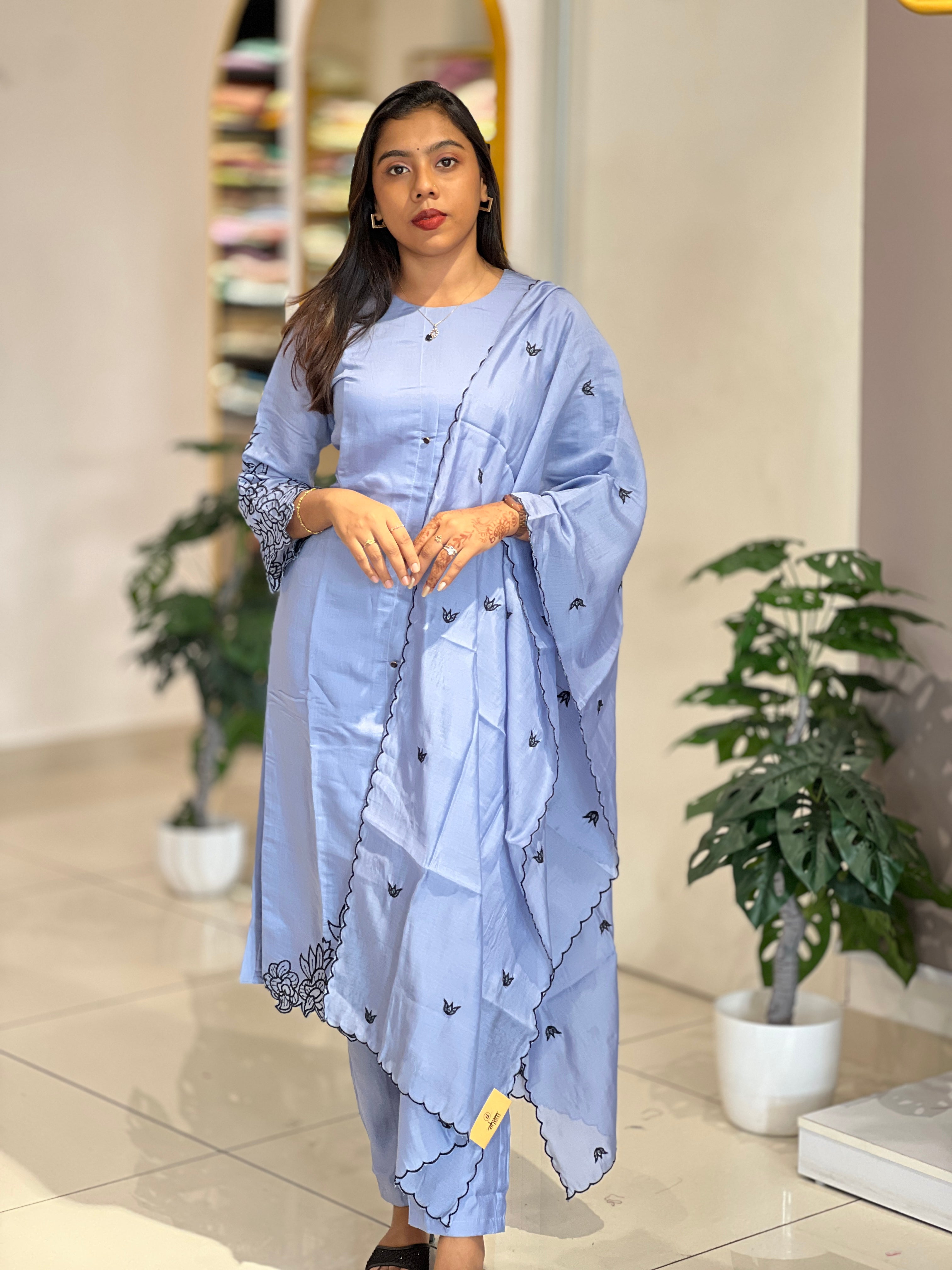 Machine Embroidery Detailed Mul Chanderi Kurta Set | NAI224