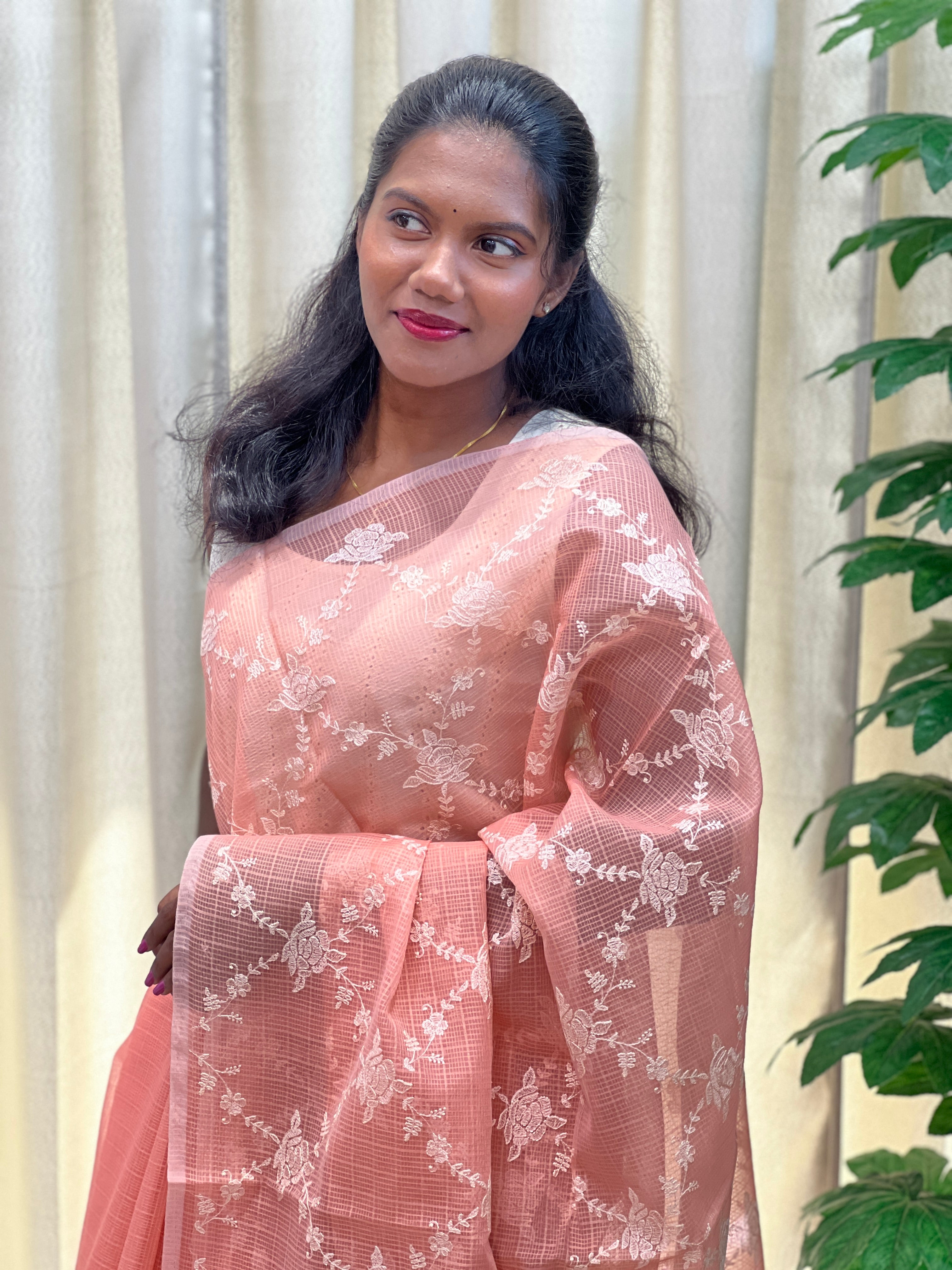 Floral Machine Embroidered Check Organza Saree | PKS105