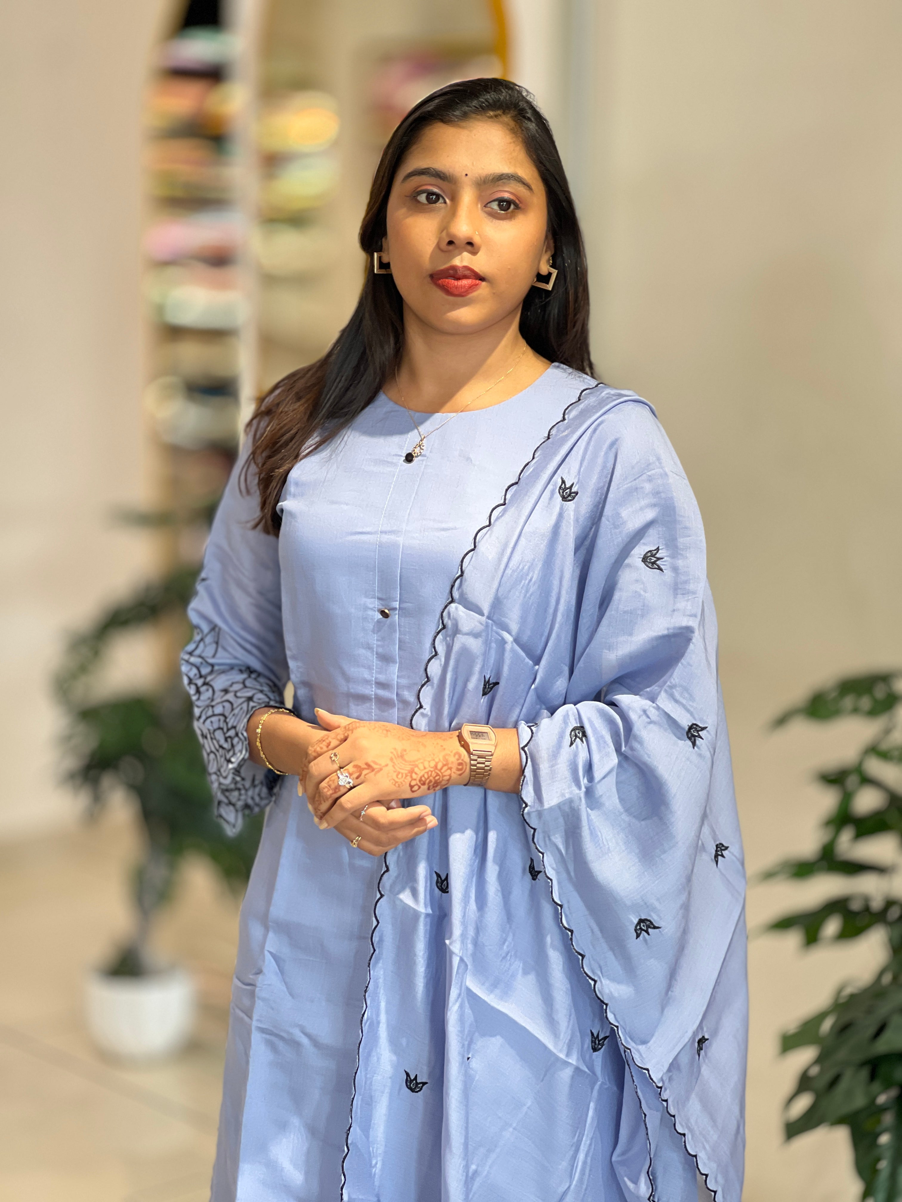 Machine Embroidery Detailed Mul Chanderi Kurta Set | NAI224