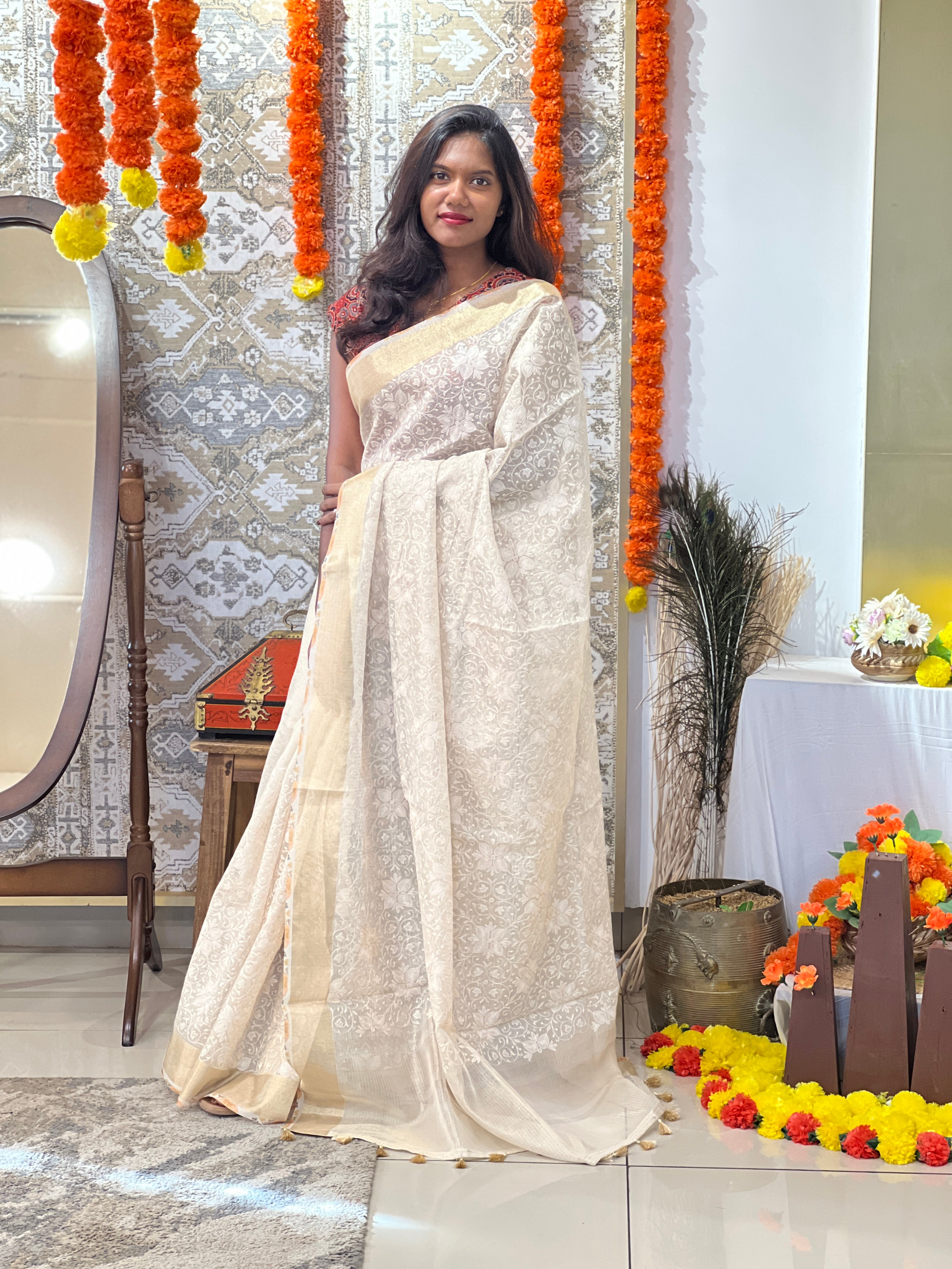 Lucknowi Inspired Embroidery Tissue Saree | MB172