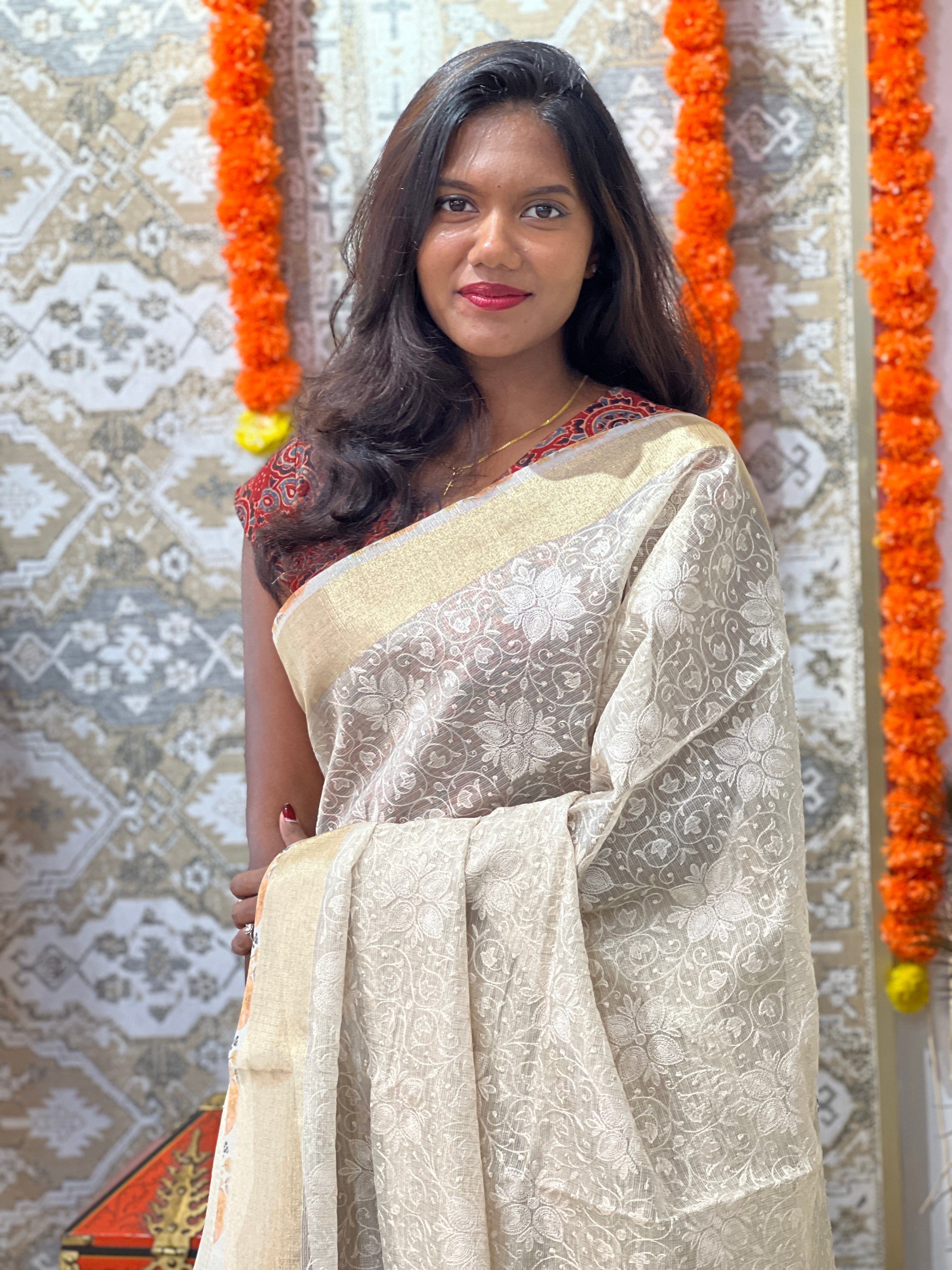 Lucknowi Inspired Embroidery Tissue Saree | MB172