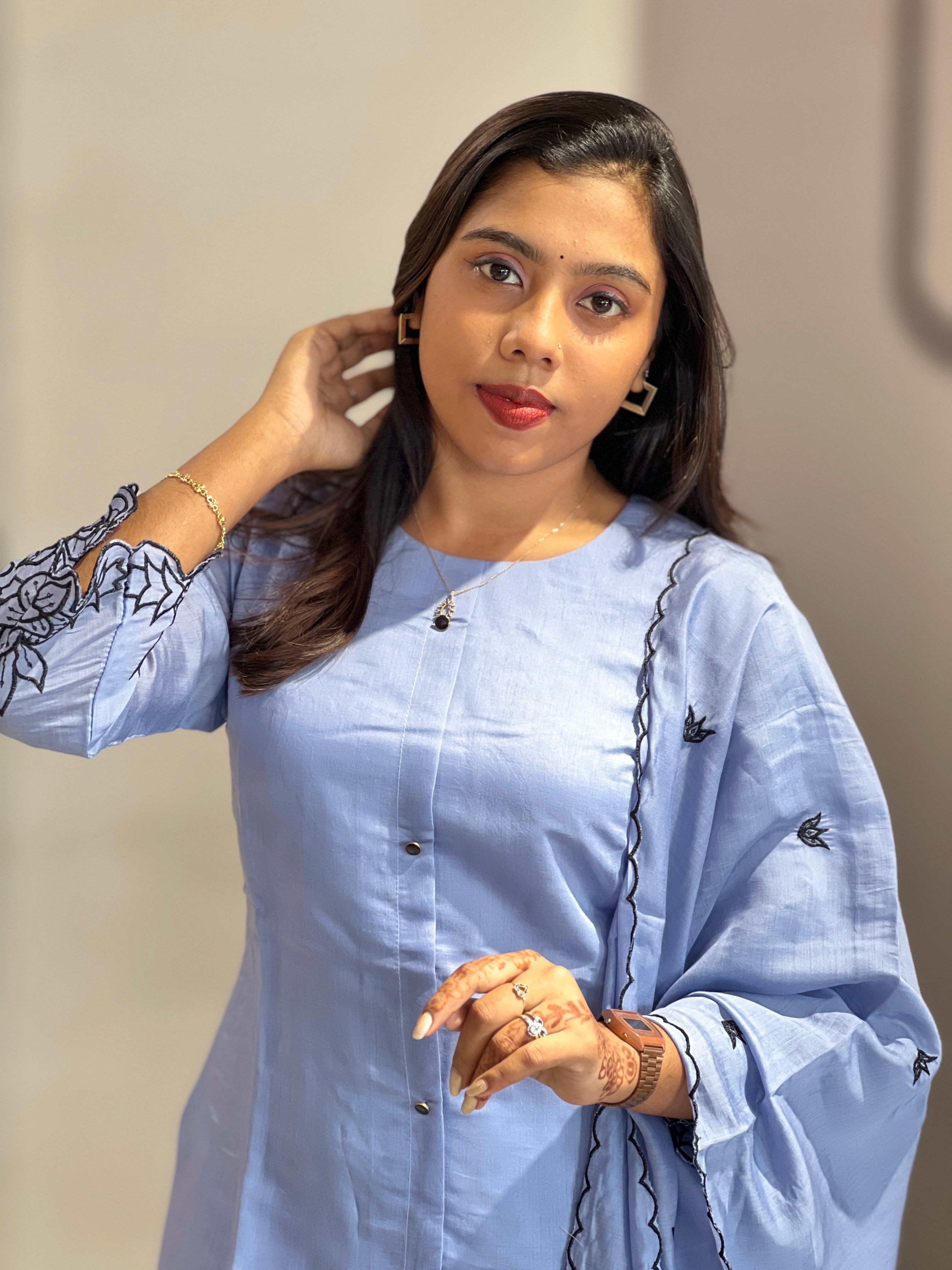 Machine Embroidery Detailed Mul Chanderi Kurta Set | NAI224