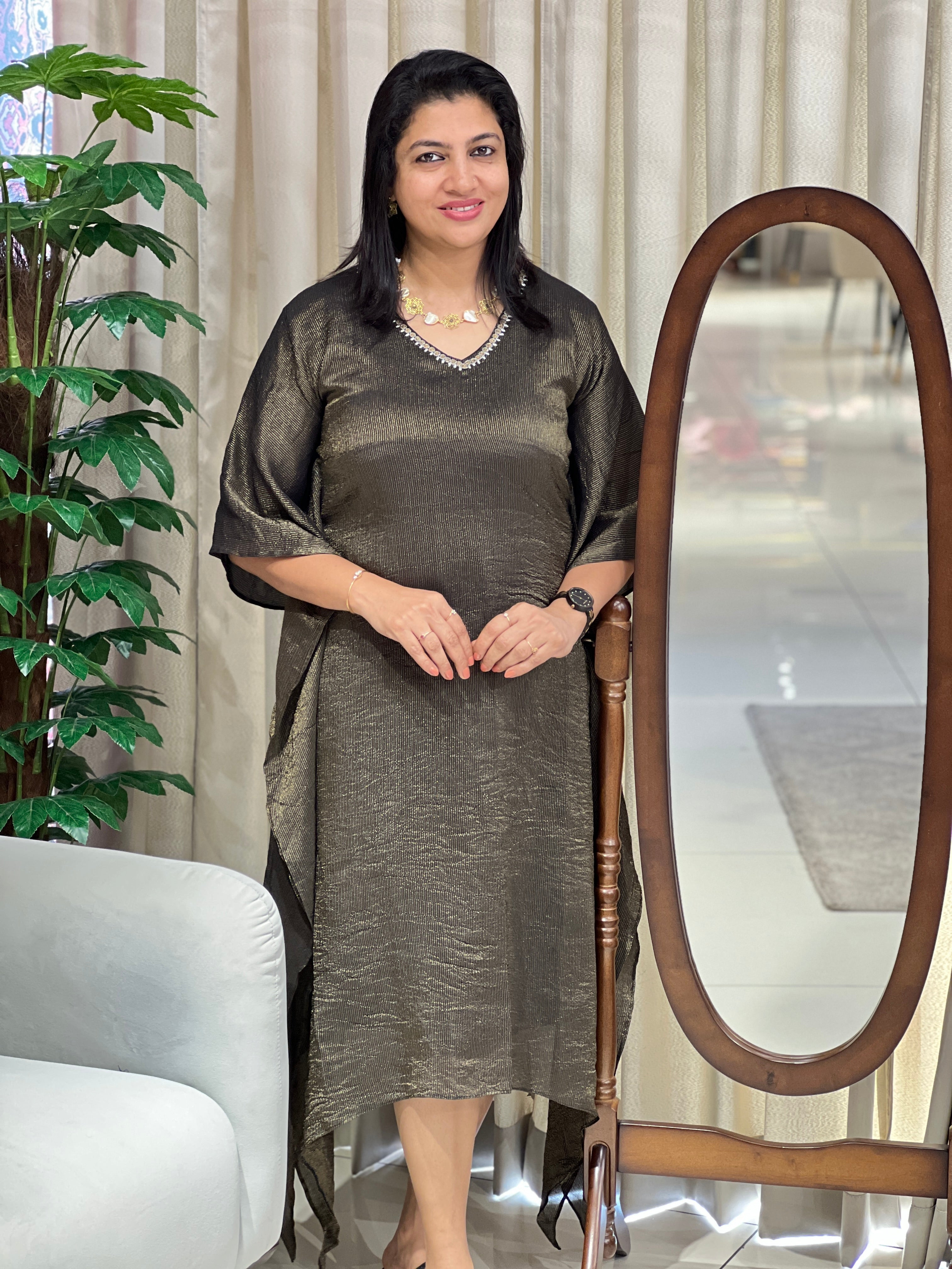 Silver & Gold Zari Stripe Detailed Tissue Brocade Kaftan | DN796