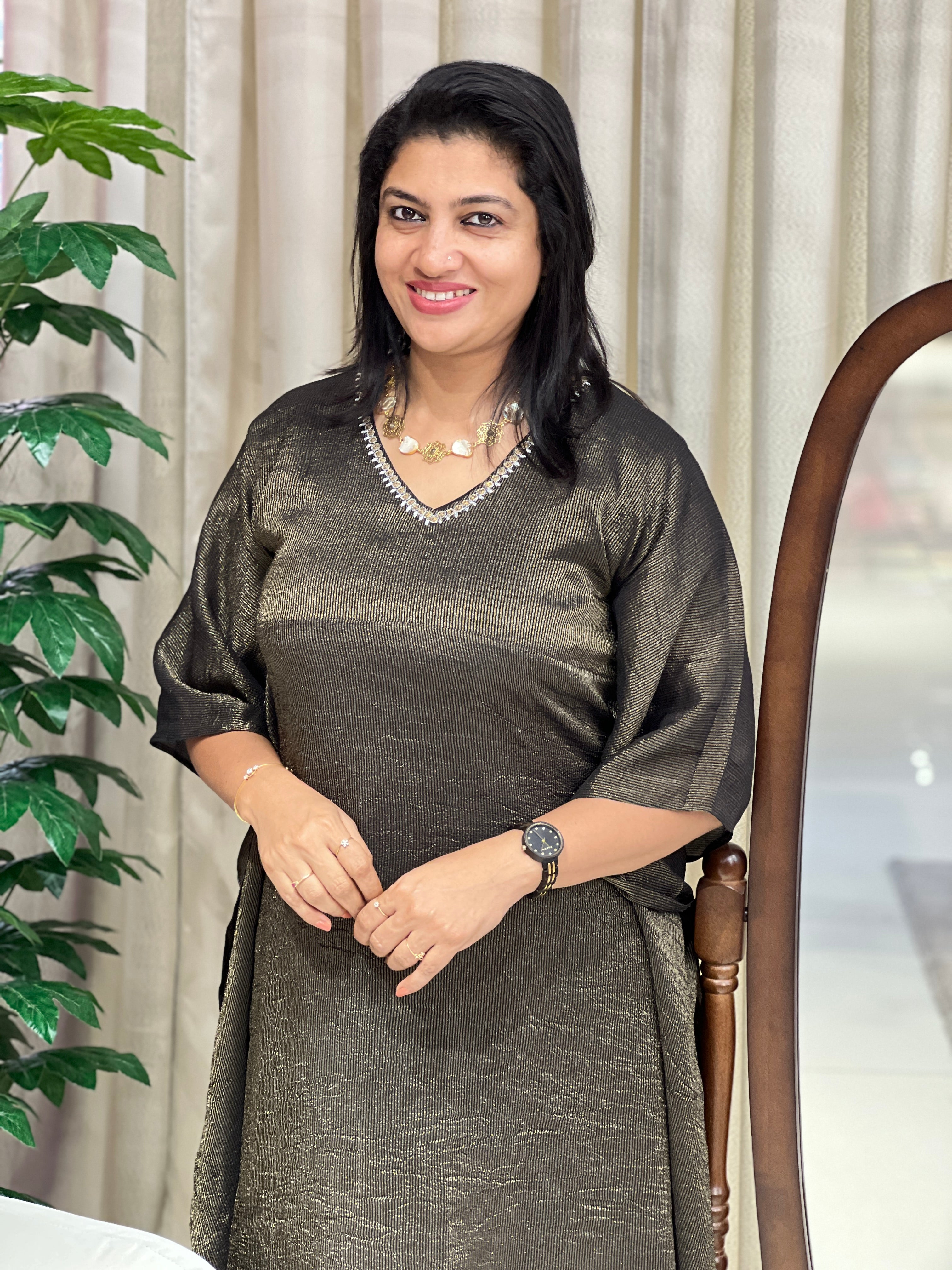 Silver & Gold Zari Stripe Detailed Tissue Brocade Kaftan | DN796