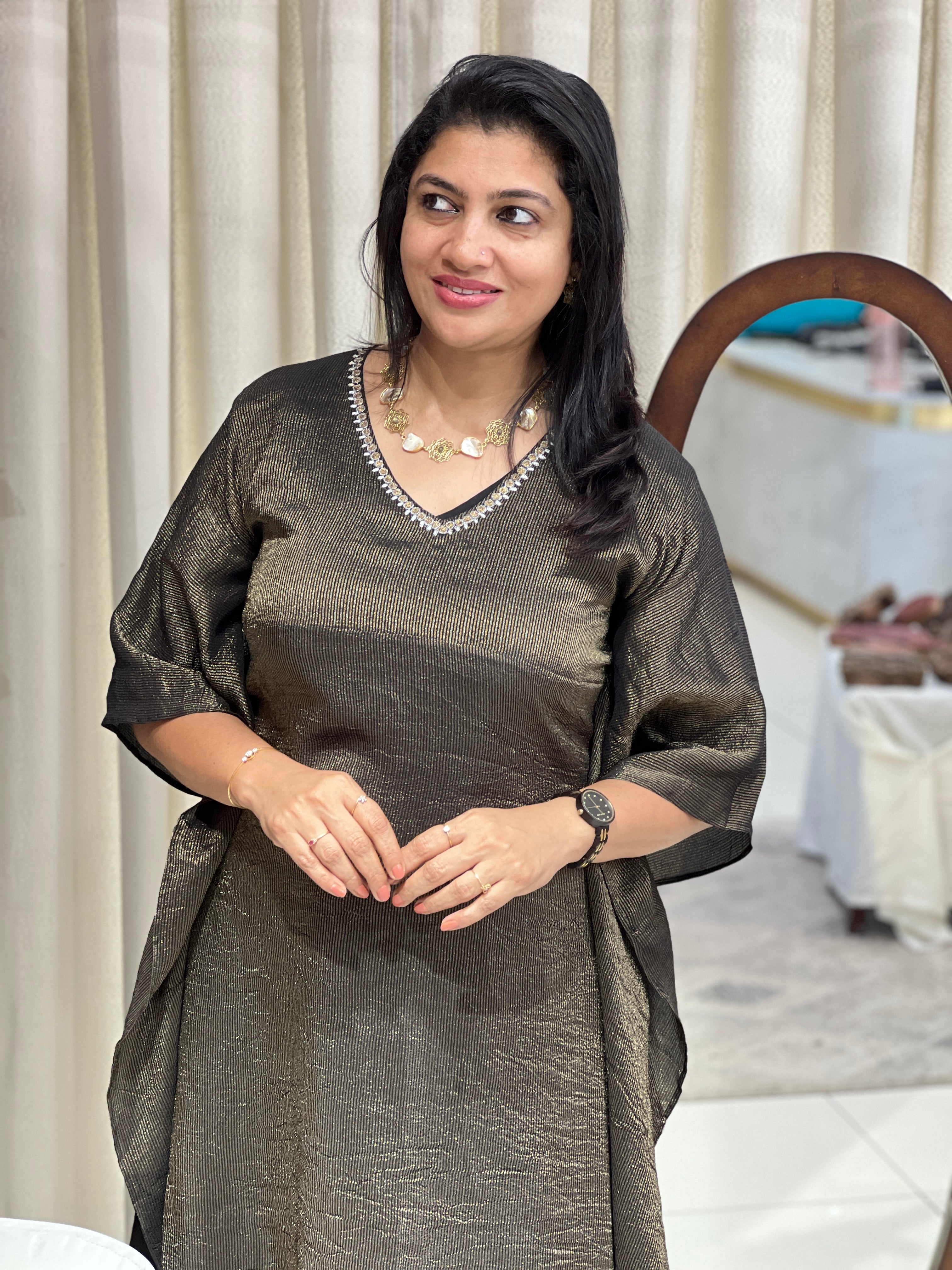 Silver & Gold Zari Stripe Detailed Tissue Brocade Kaftan | DN796