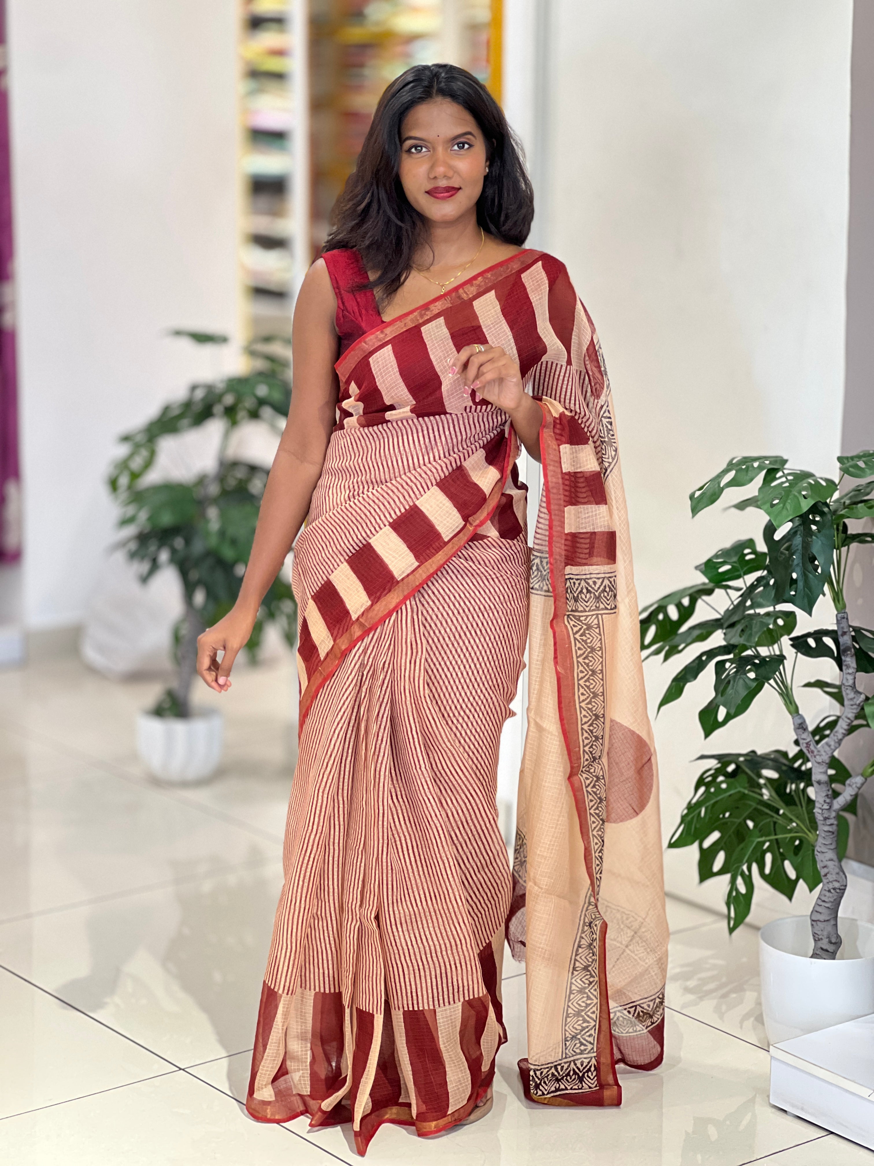 Strip Hand Block Printed Kota Saree |VFC608