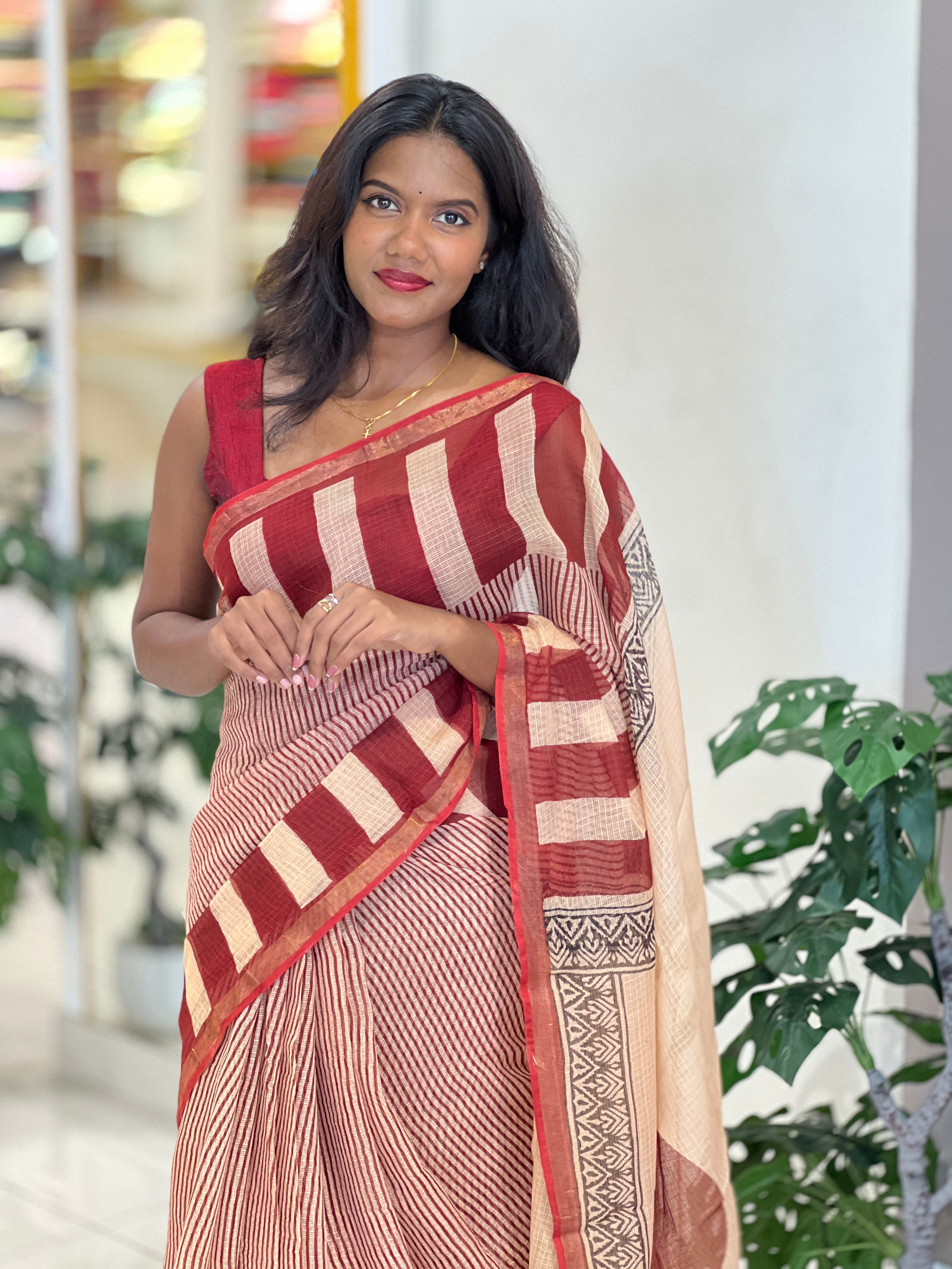 Strip Hand Block Printed Kota Saree |VFC608