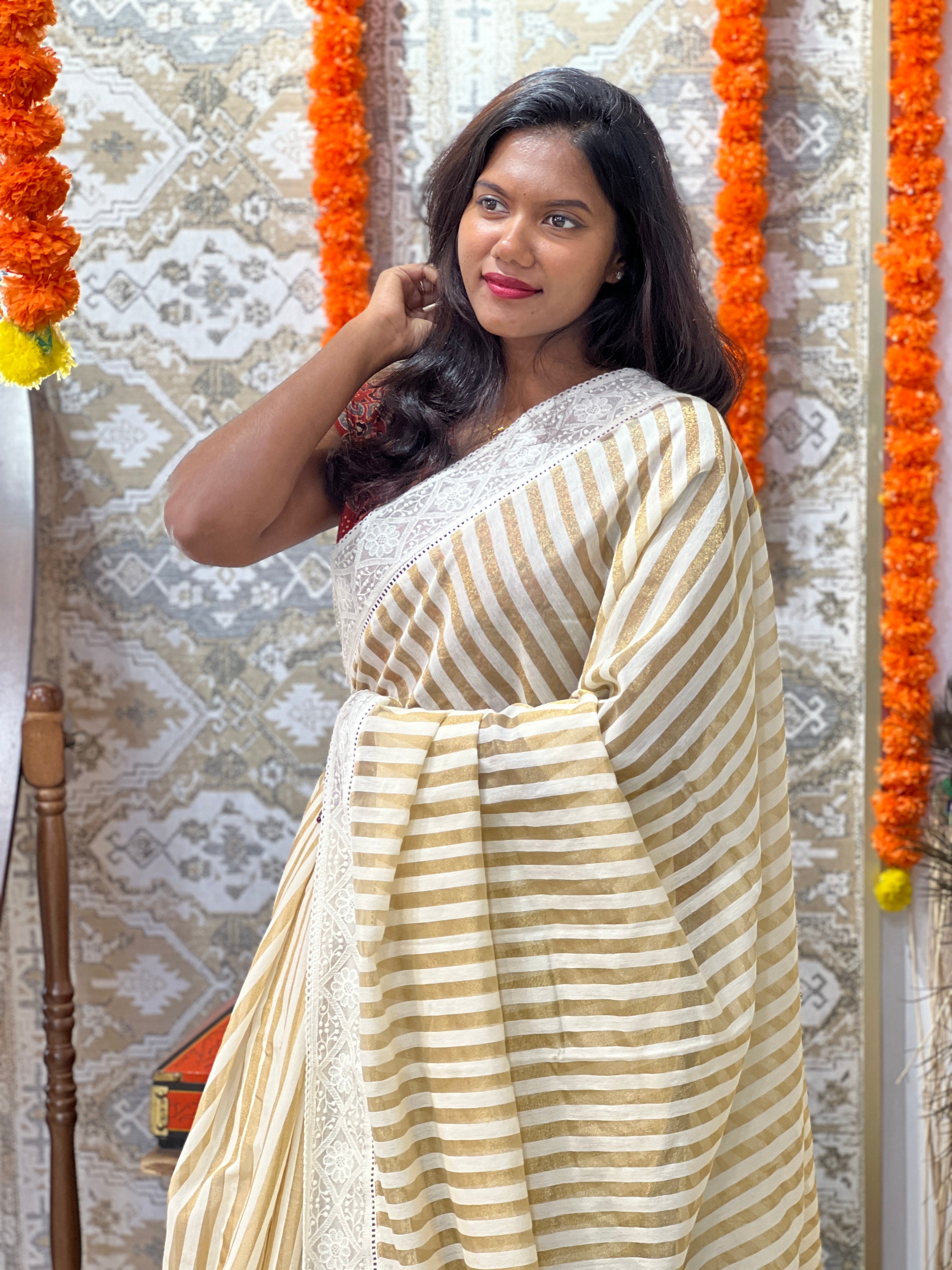 Stripe Woven Pattern Chanderi Saree | MM573