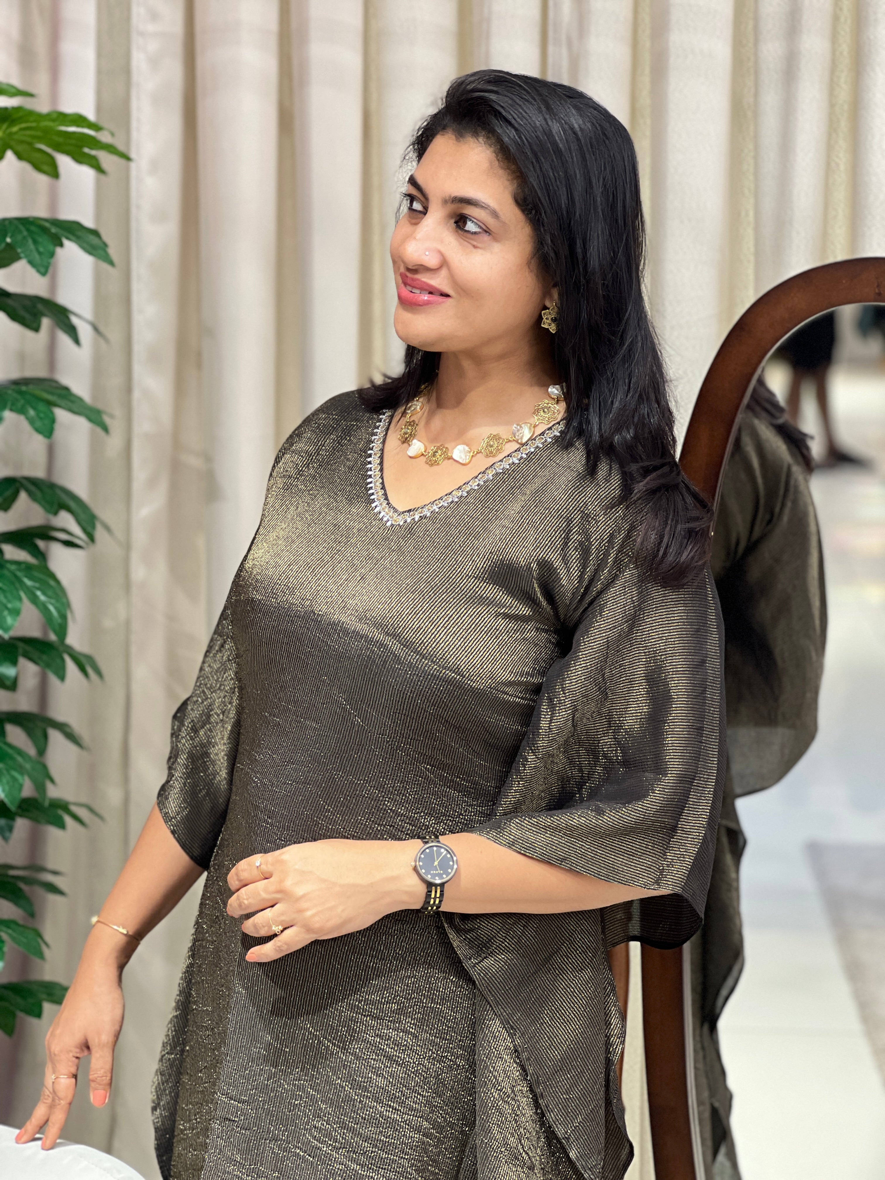 Silver & Gold Zari Stripe Detailed Tissue Brocade Kaftan | DN796