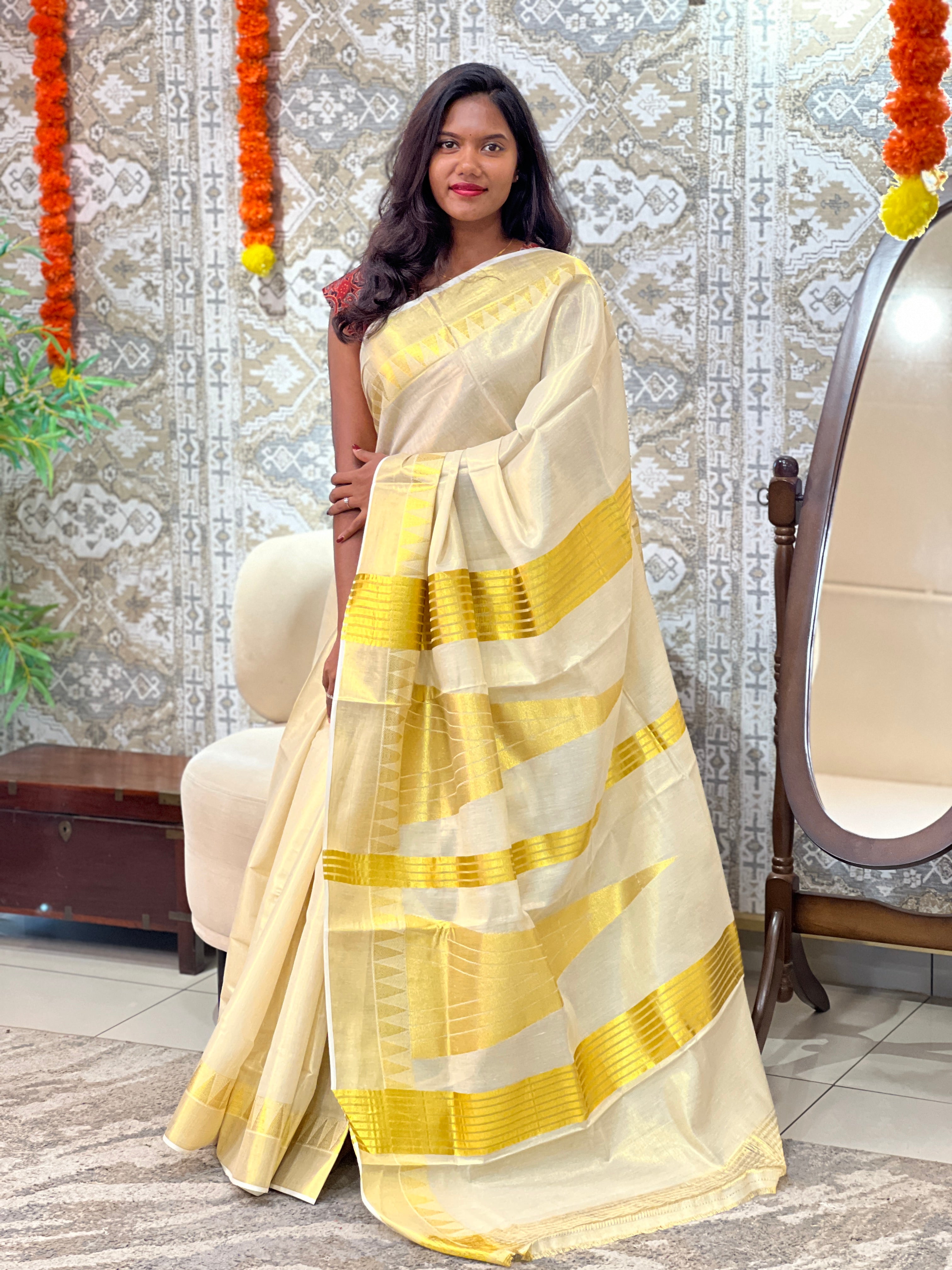 Temple Border Pattern Kerala Tissue Saree | RLF155