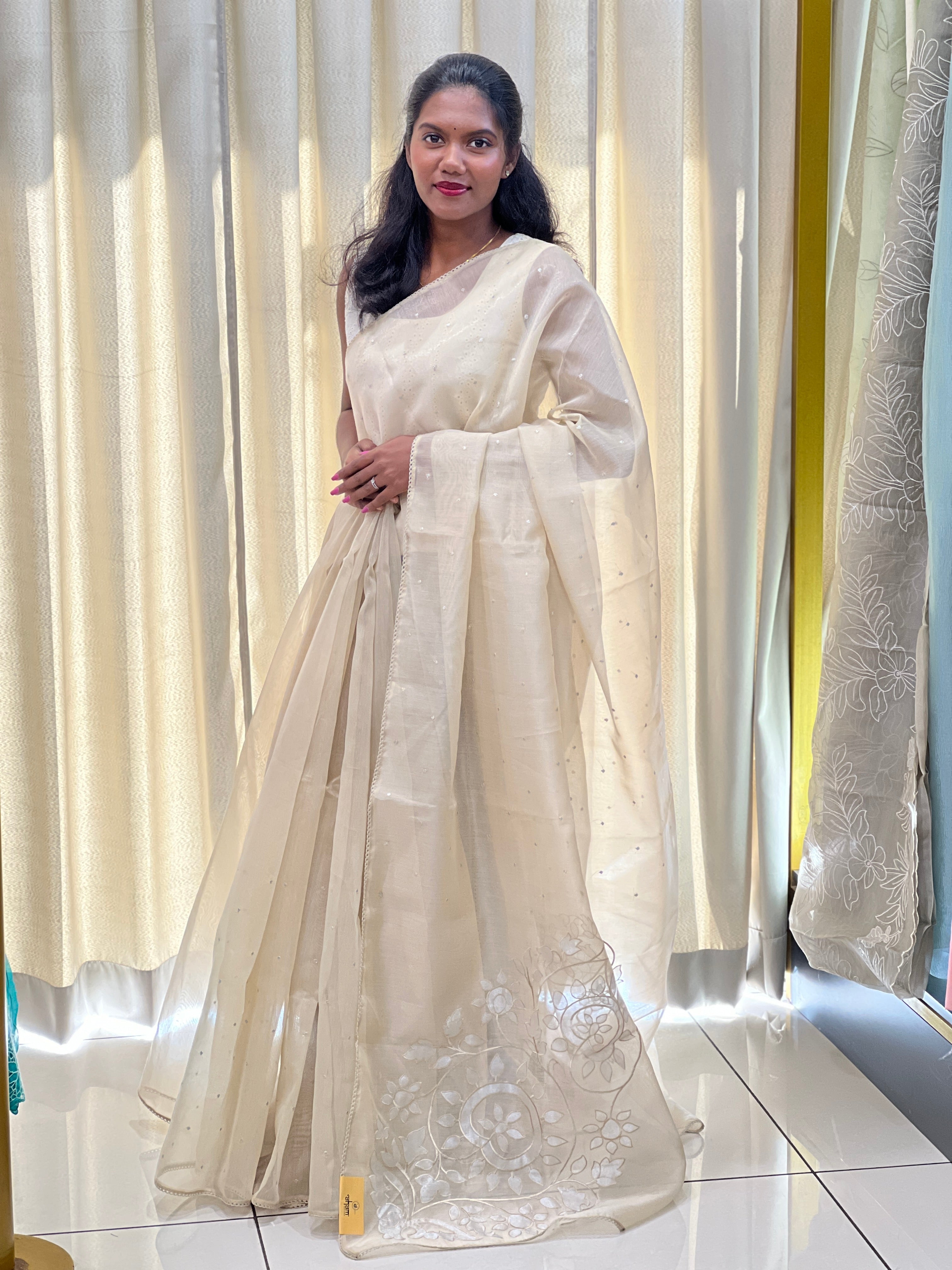 Floral Applique Detailed Tissue Organza Saree | PKS137