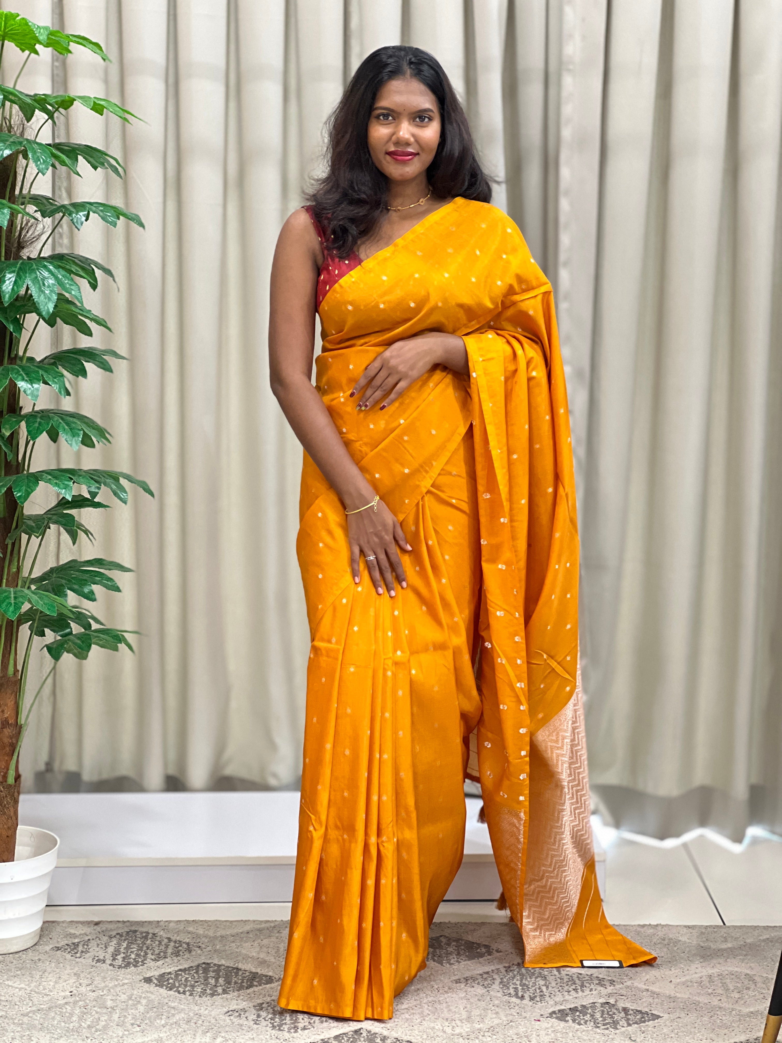 Silver Zari Buti Woven Semi Dupion Silk Saree | MB168