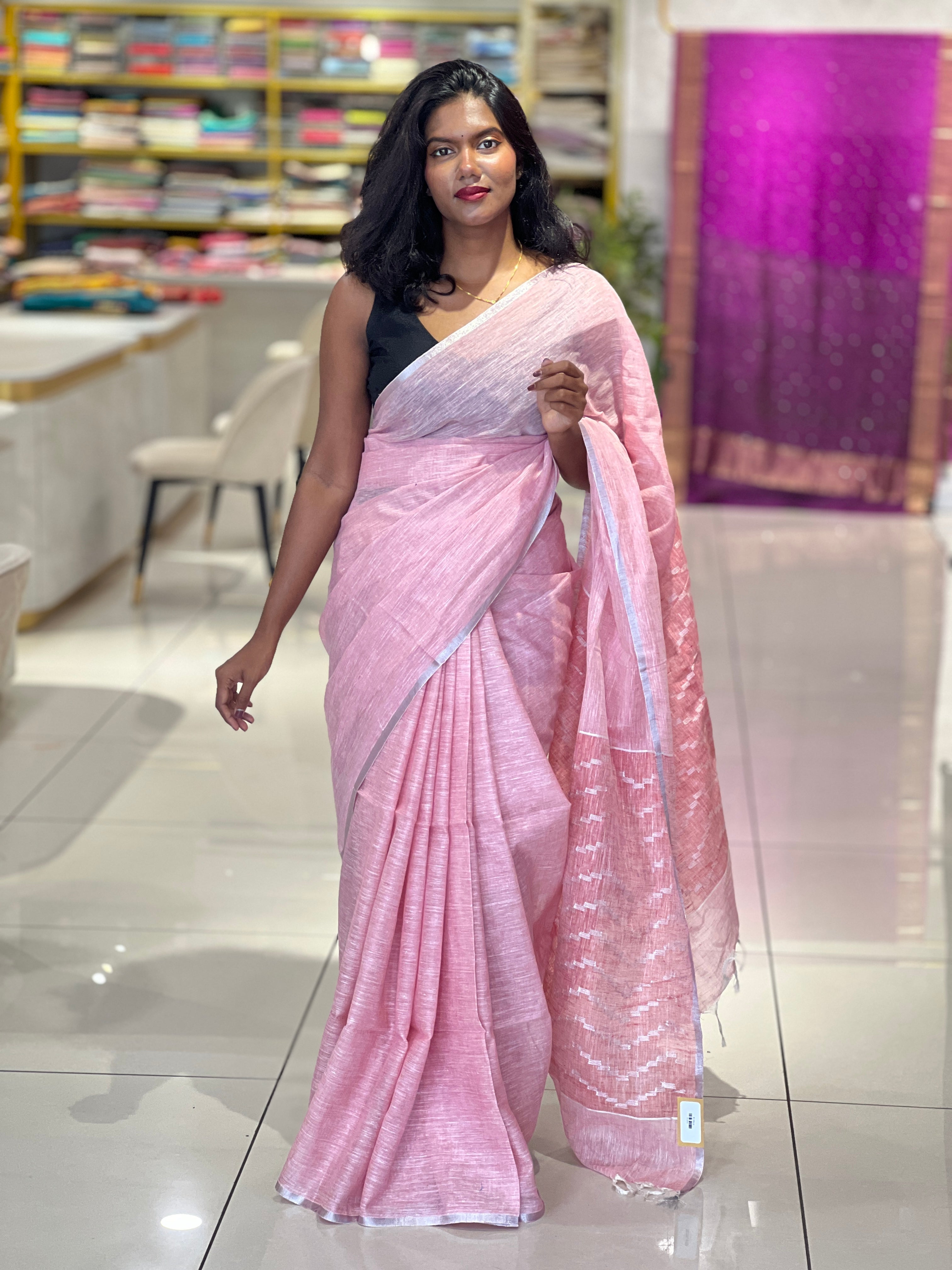 Silver Zari & Thread Woven Linen Saree | DLS352