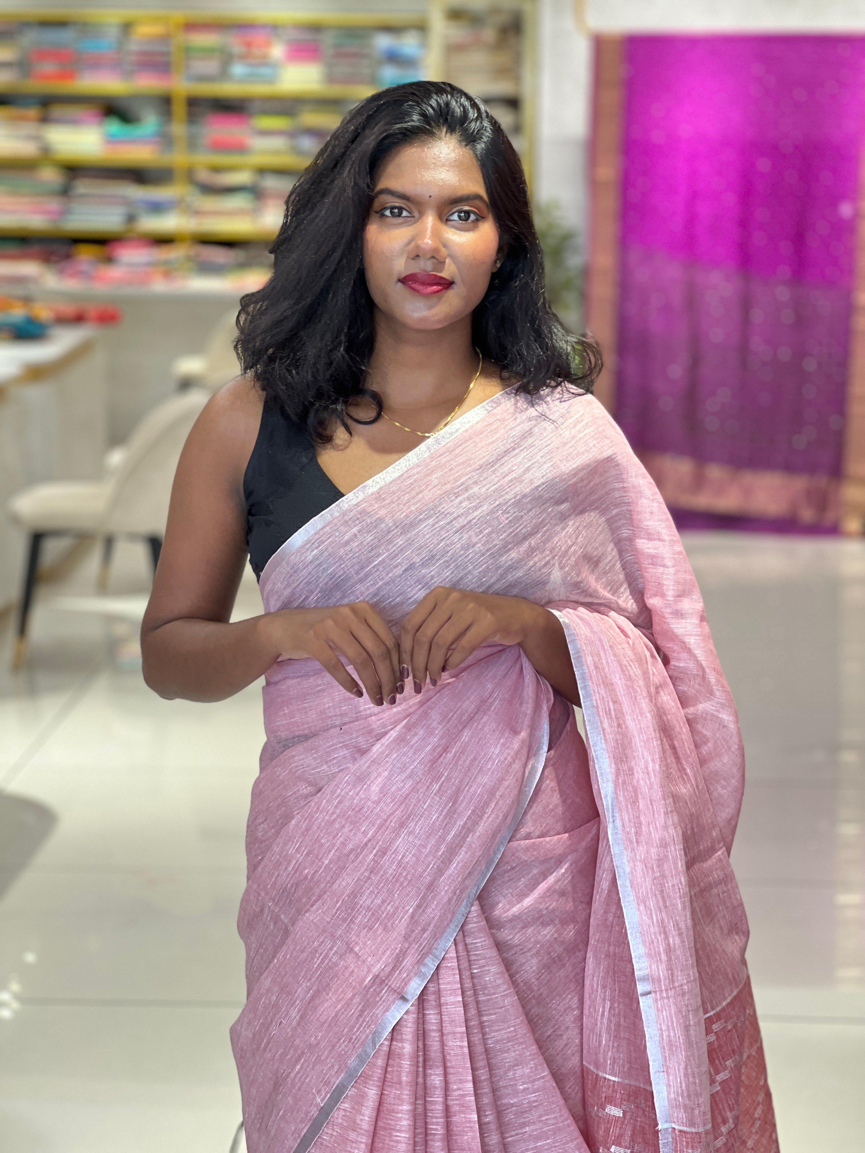 Silver Zari & Thread Woven Linen Saree | DLS352