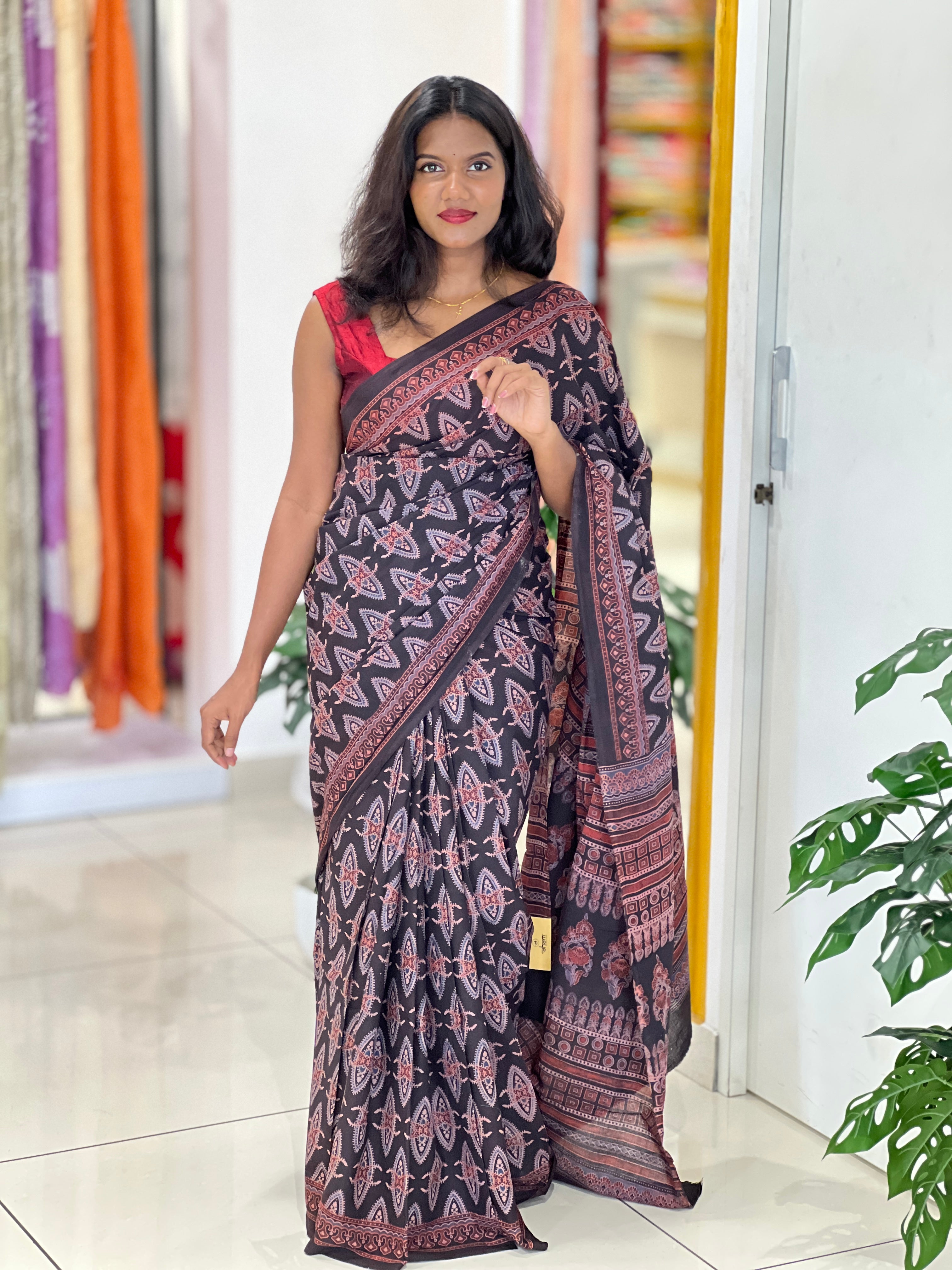 Ajrakh Pattern Printed Cotton Saree | VFC630