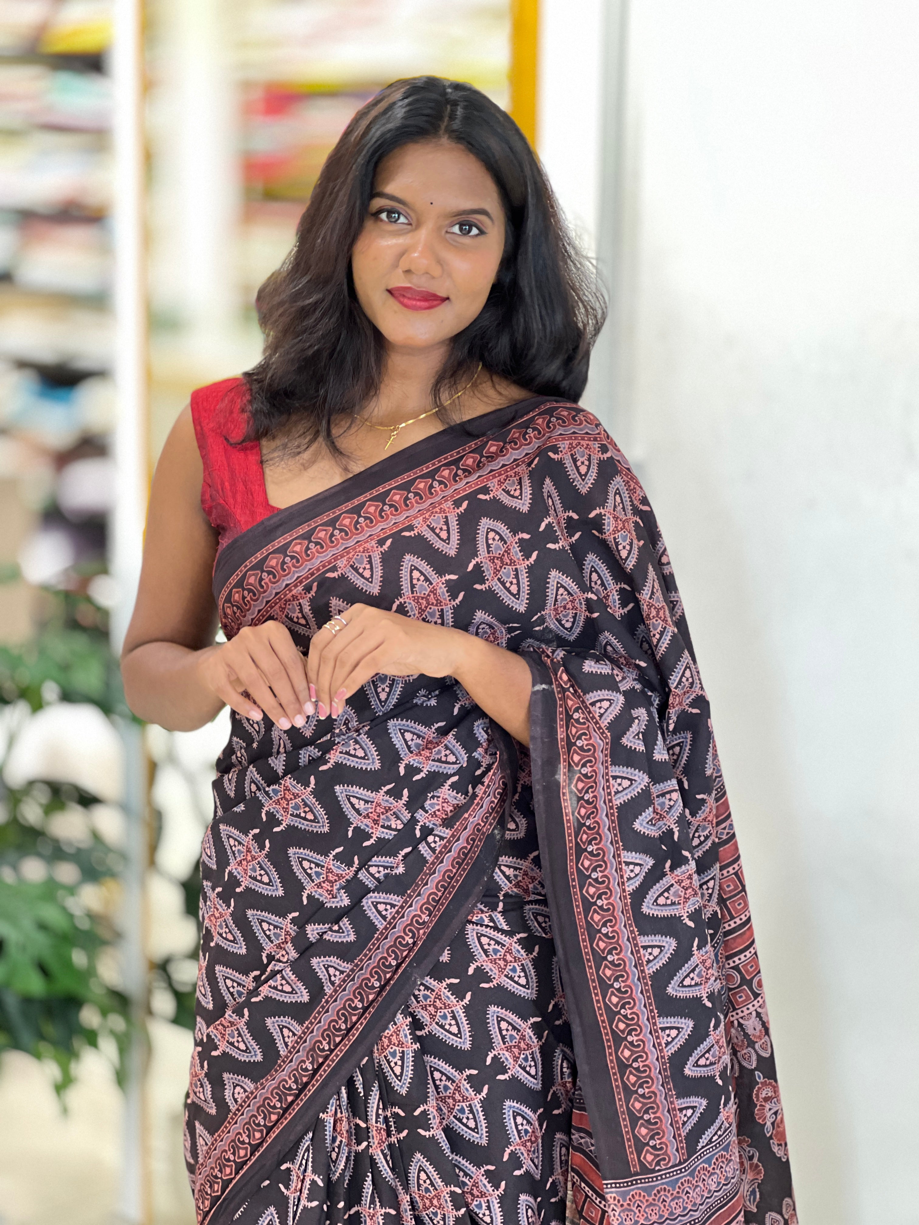 Ajrakh Pattern Printed Cotton Saree | VFC630