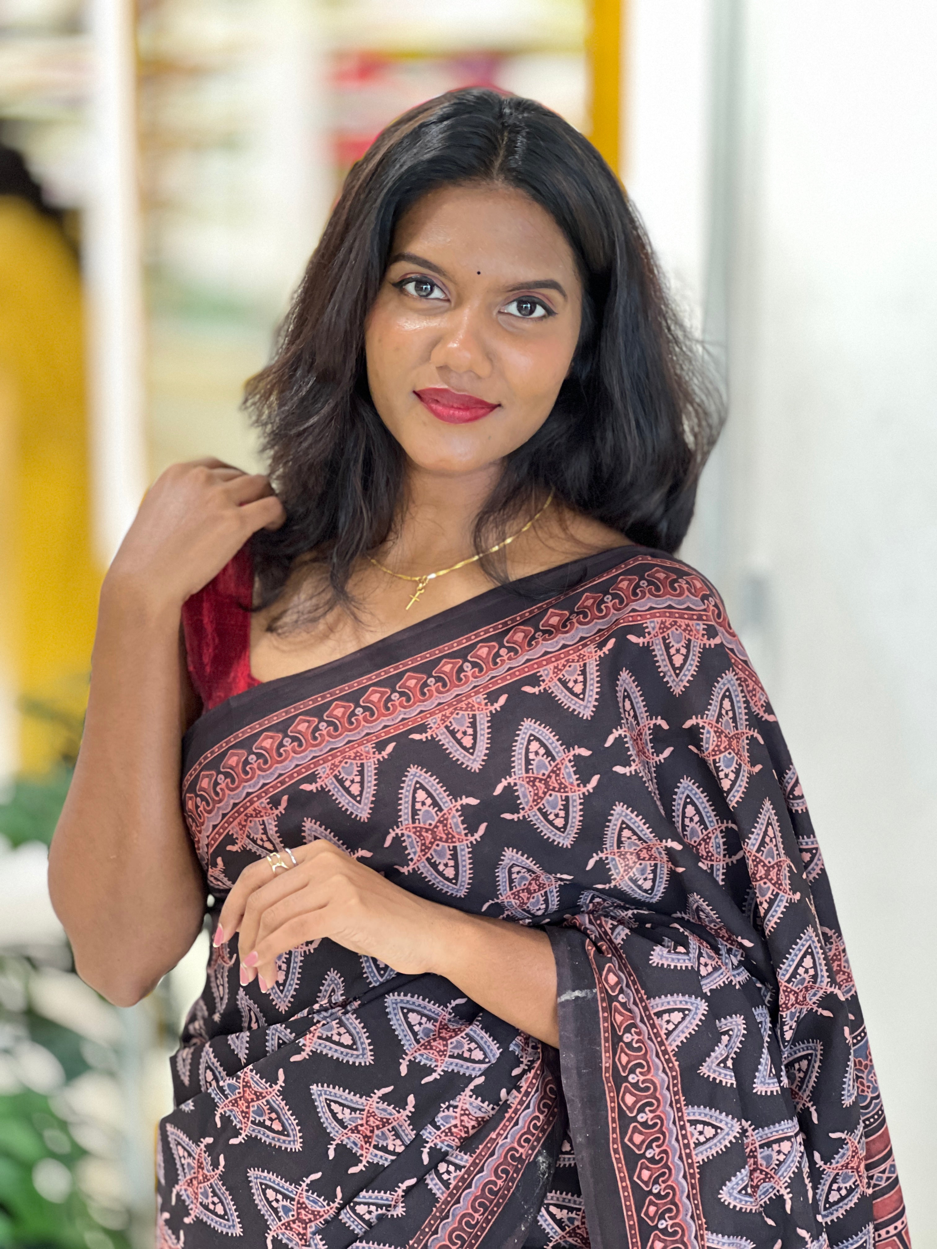 Ajrakh Pattern Printed Cotton Saree | VFC630