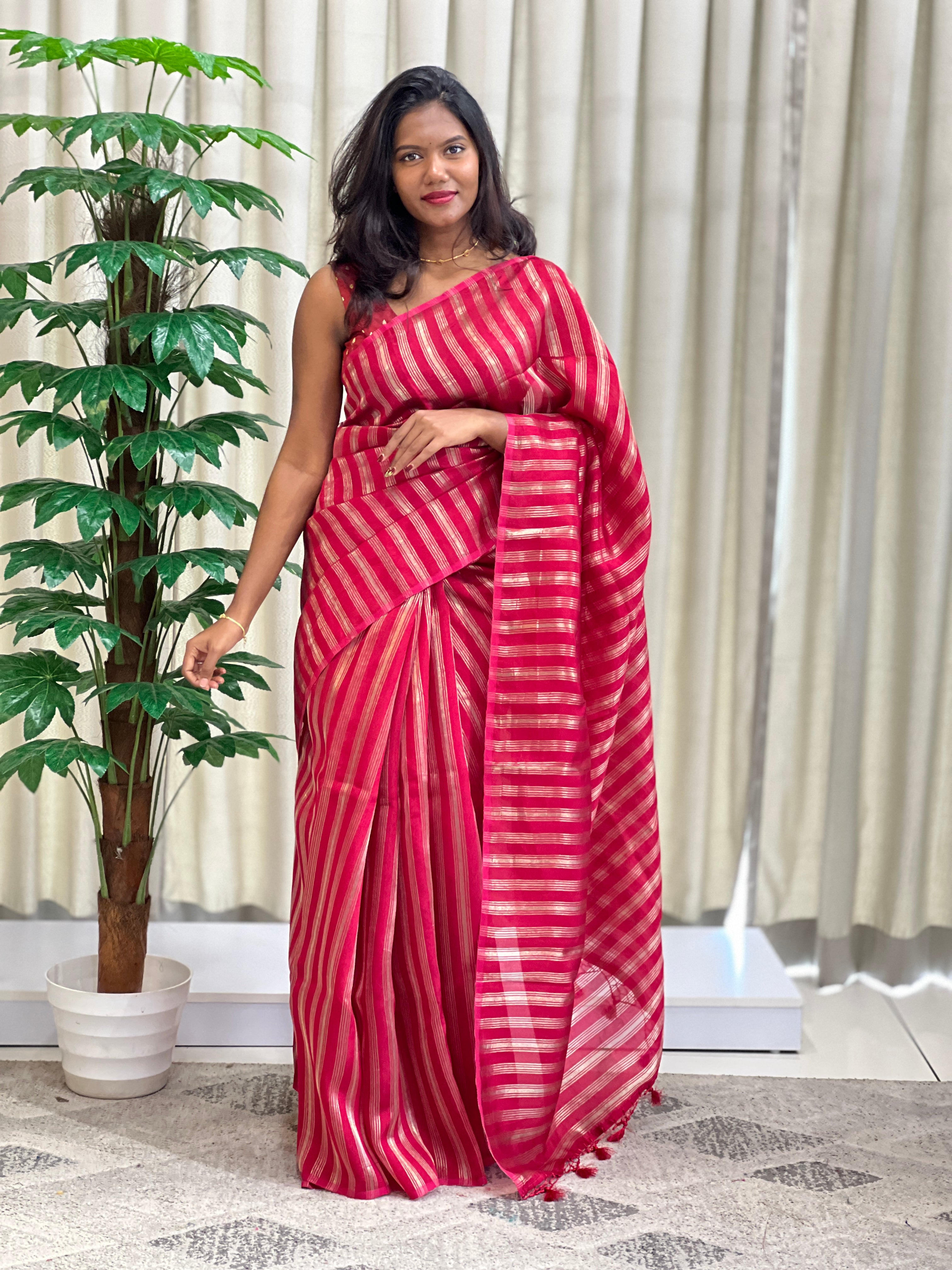 Stripe Woven Pattern Organza Saree | MB177