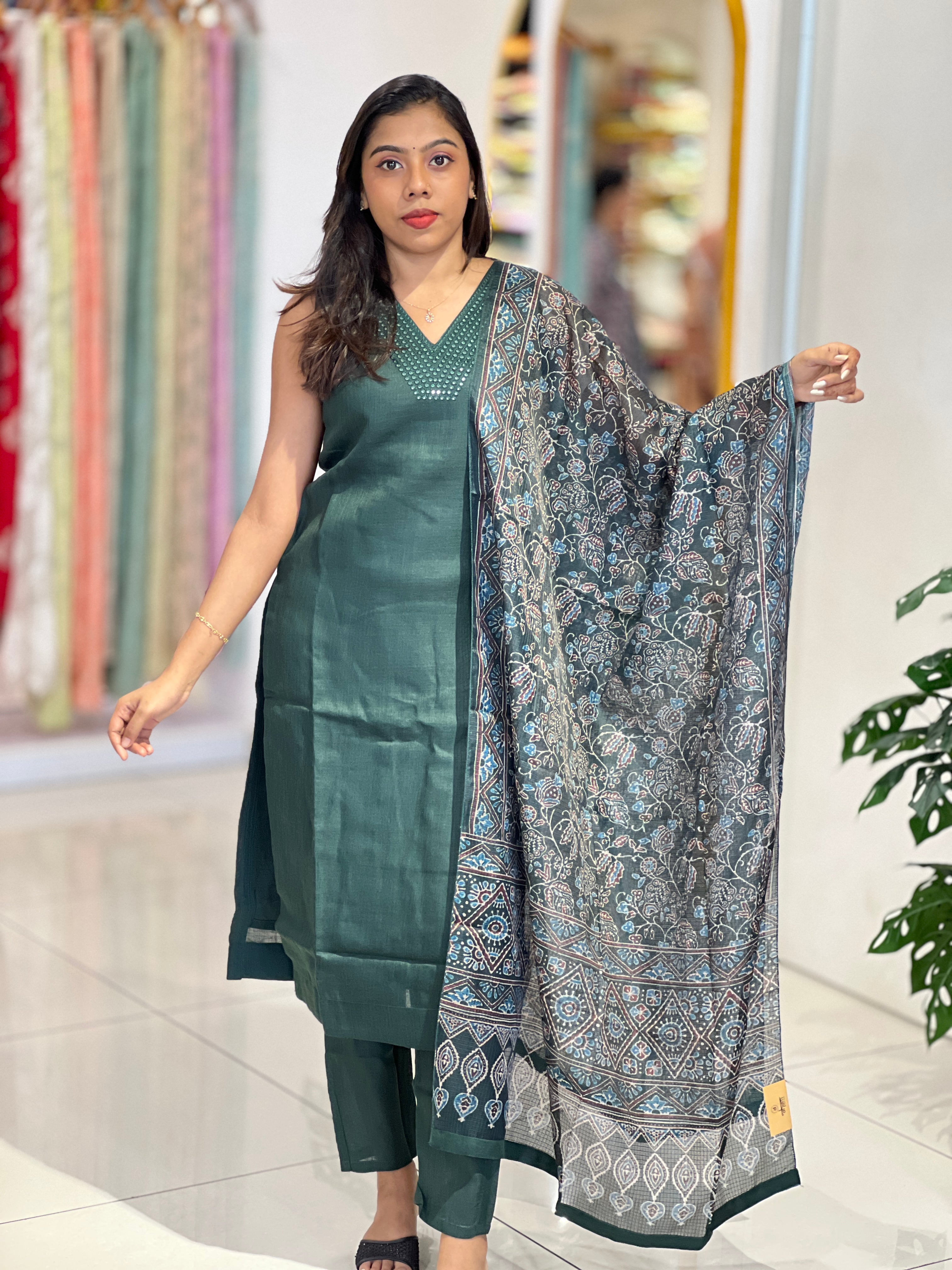 Mirror Work Detailed Slub Linen Cotton Kurta Set | NAI218
