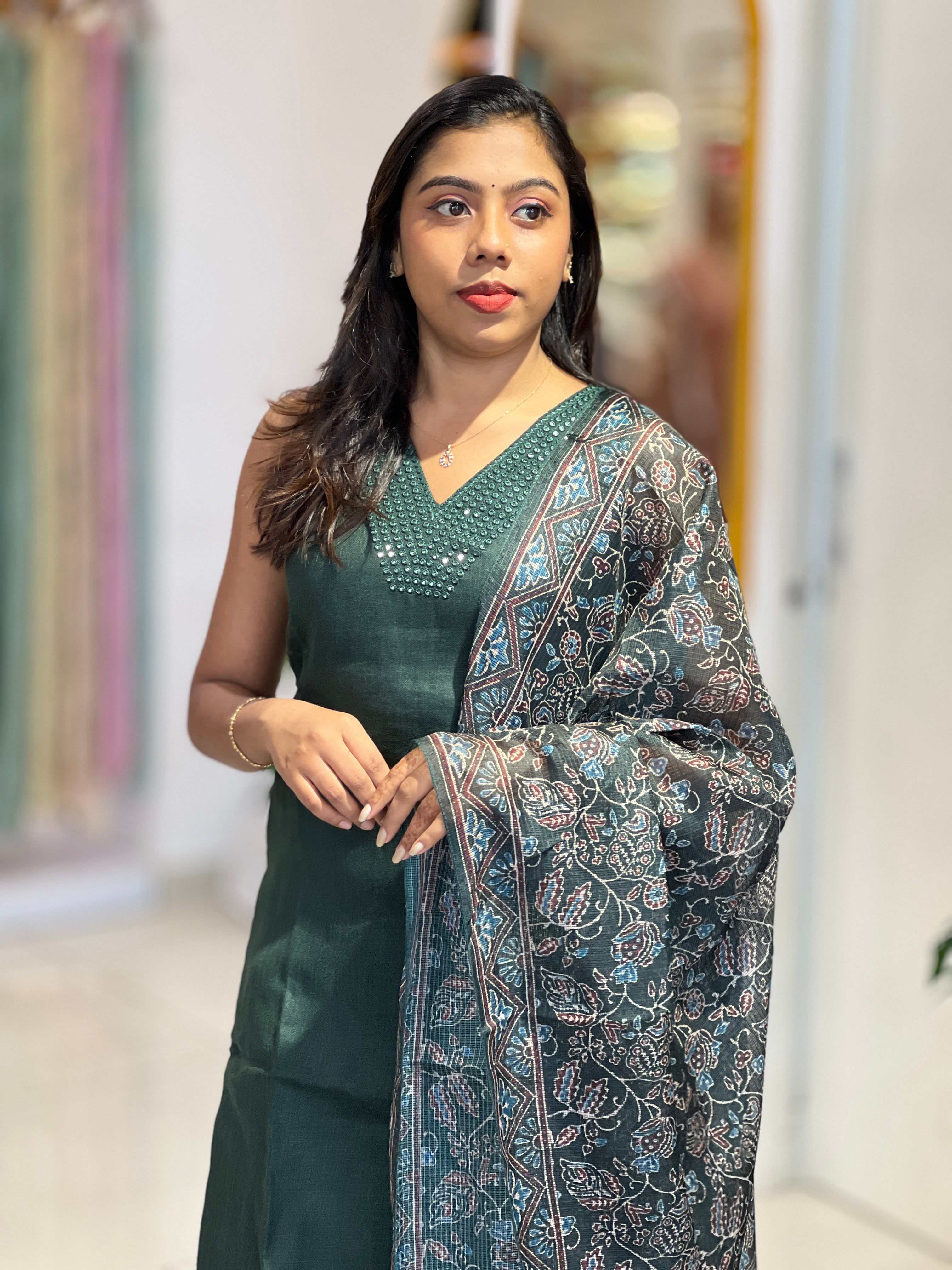 Mirror Work Detailed Slub Linen Cotton Kurta Set | NAI218