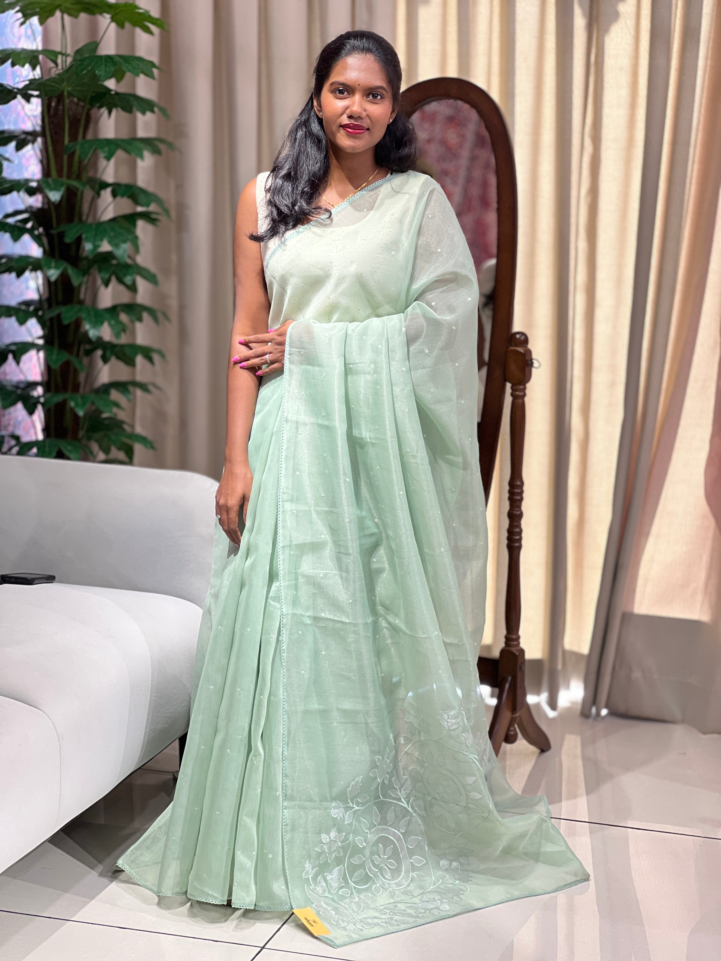 Floral Applique Detailed Tissue Organza Saree | PKS141