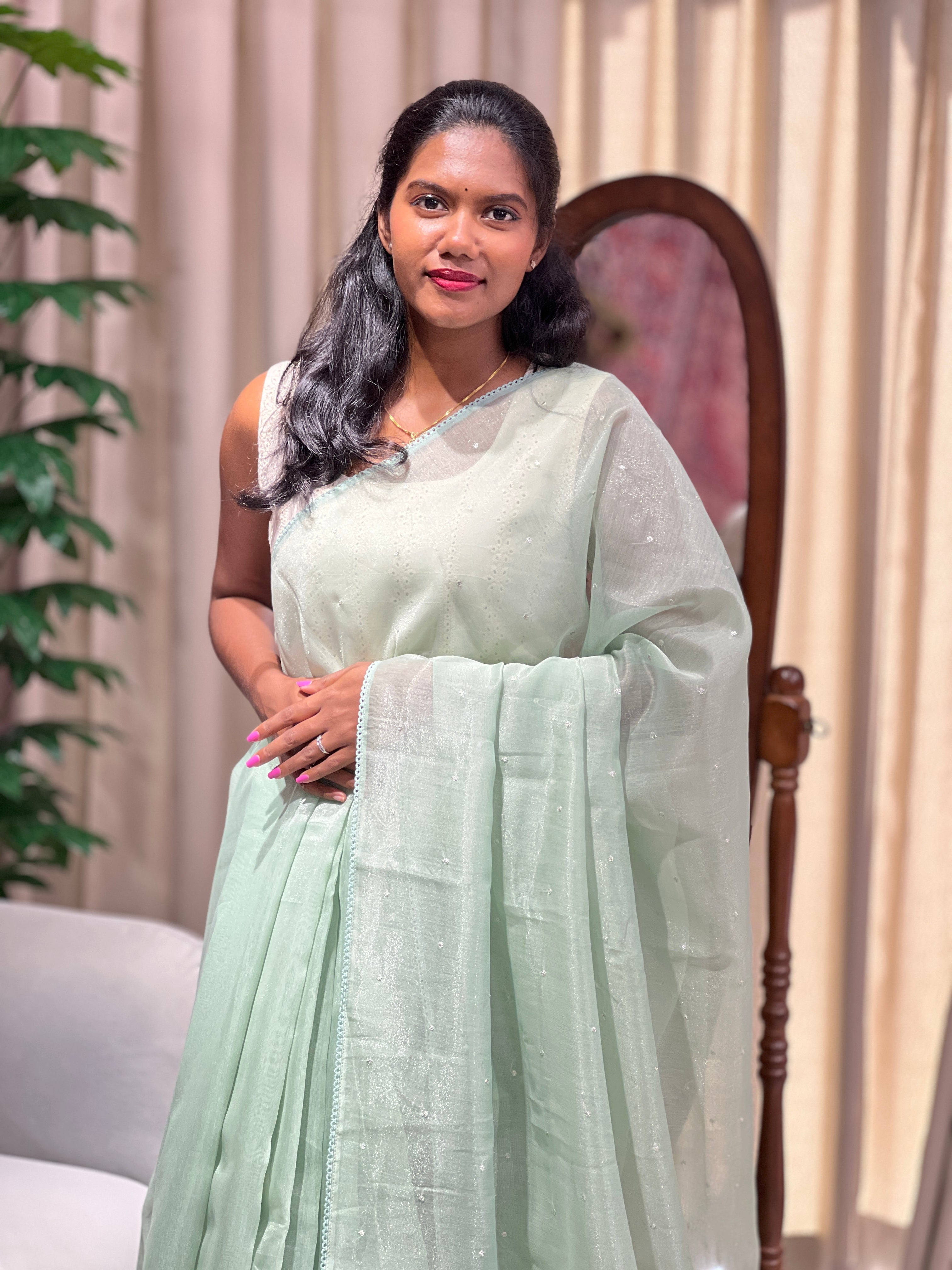 Floral Applique Detailed Tissue Organza Saree | PKS141