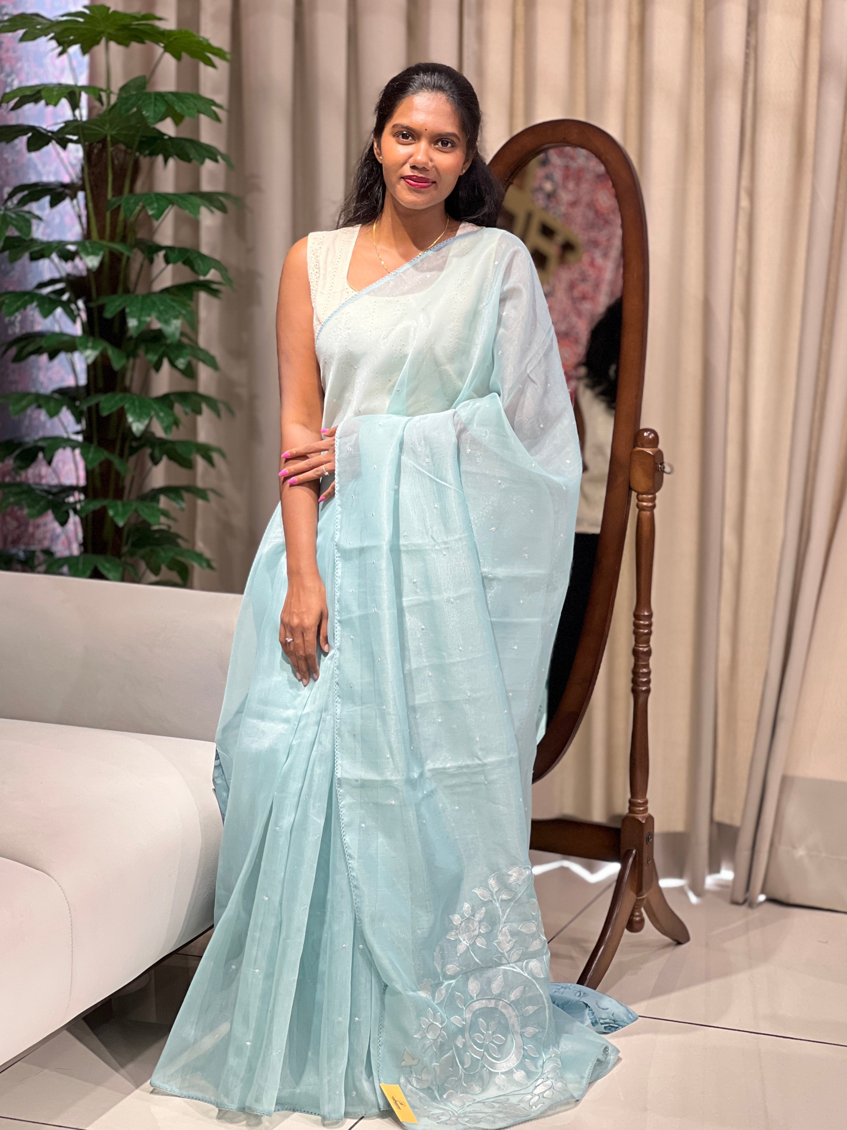 Floral Applique Detailed Tissue Organza Saree | PKS136