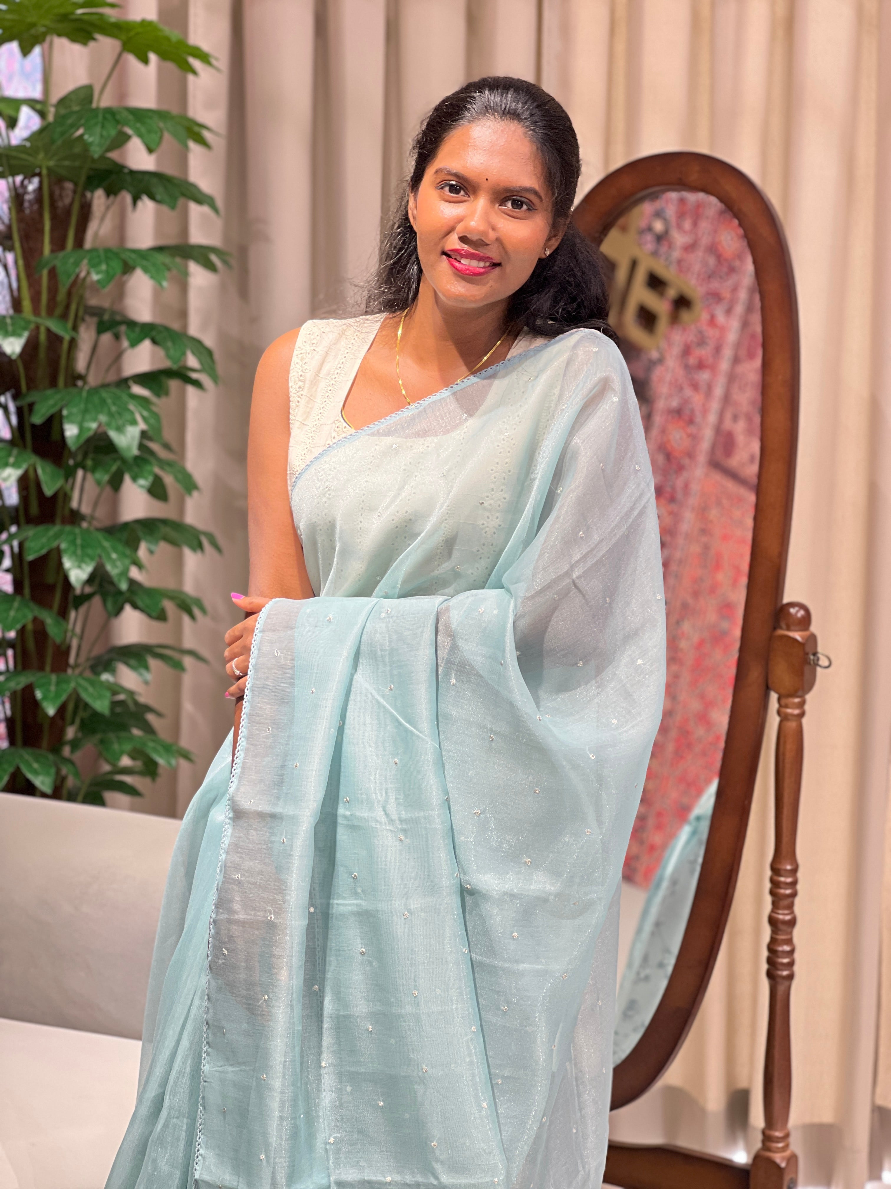 Floral Applique Detailed Tissue Organza Saree | PKS136