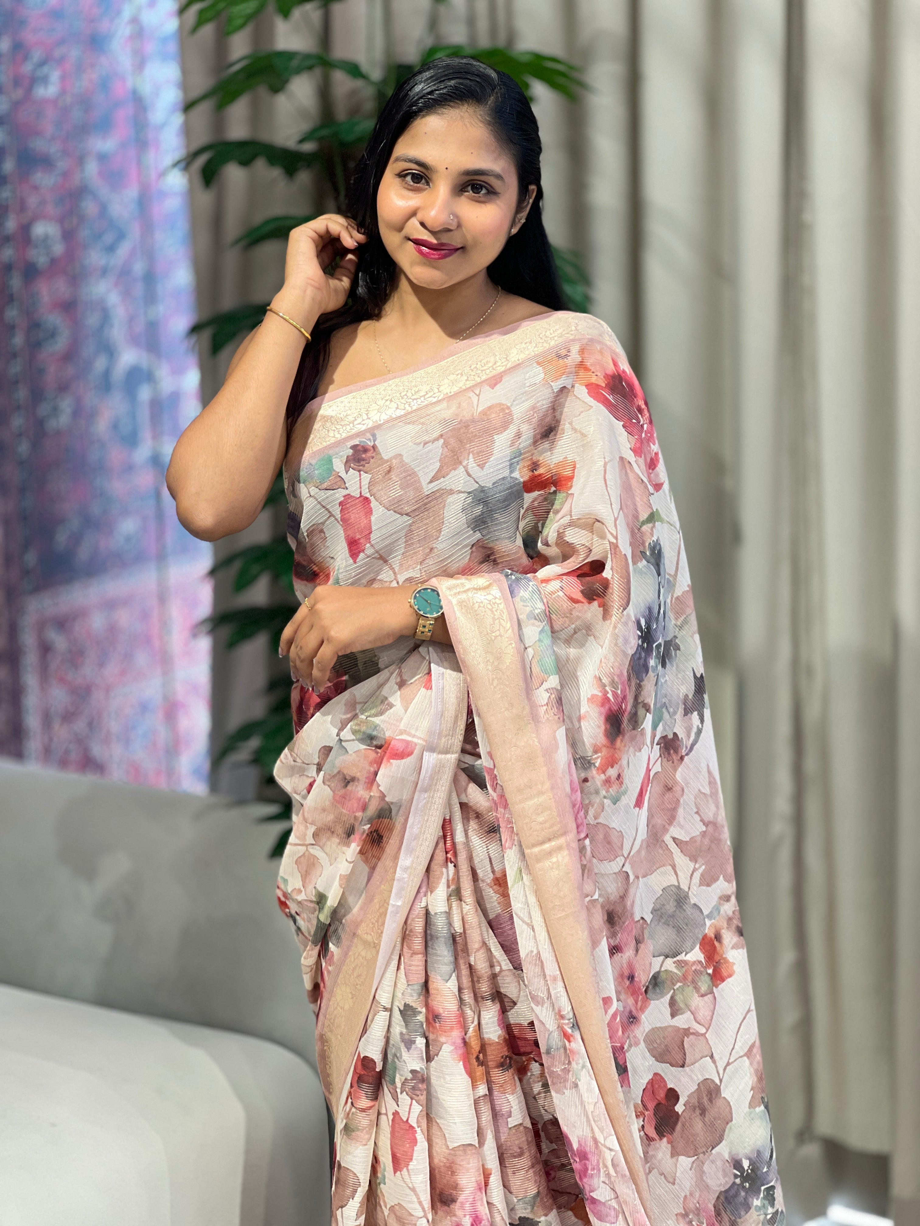 Floral Printed Chinon Saree | SSN121