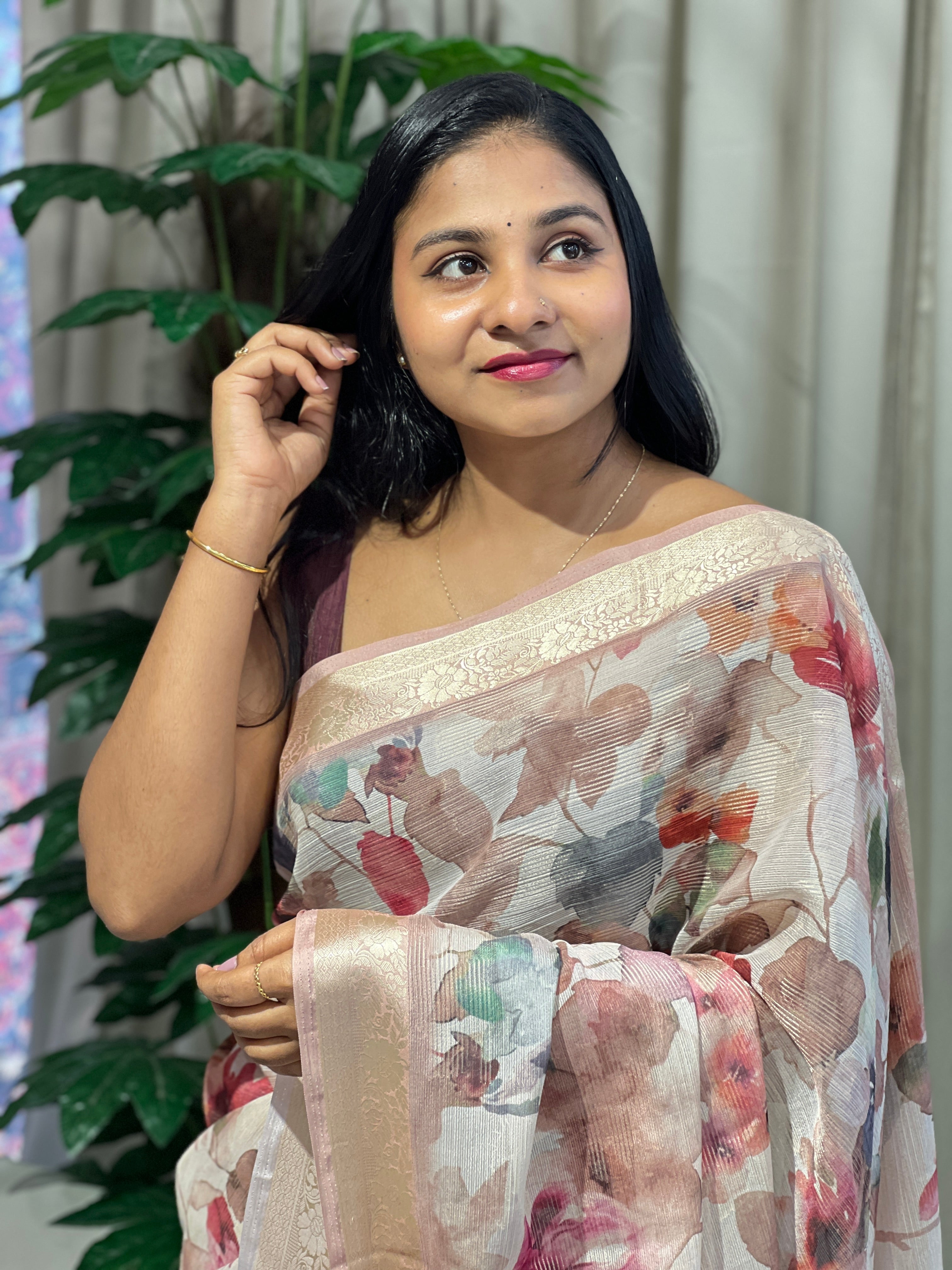 Floral Printed Chinon Saree | SSN121