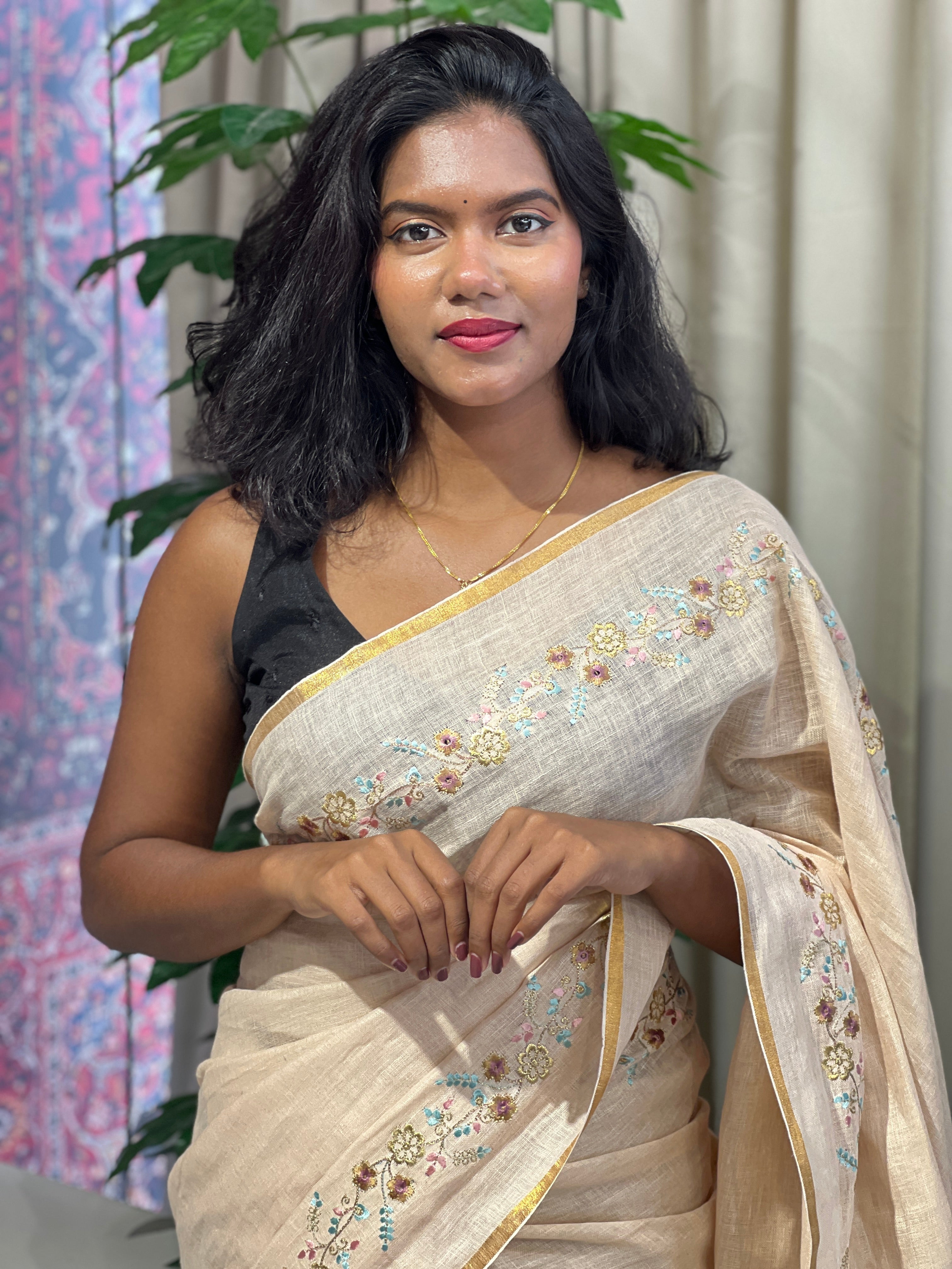 Floral Embroidery Detailed Linen Saree | DLS356