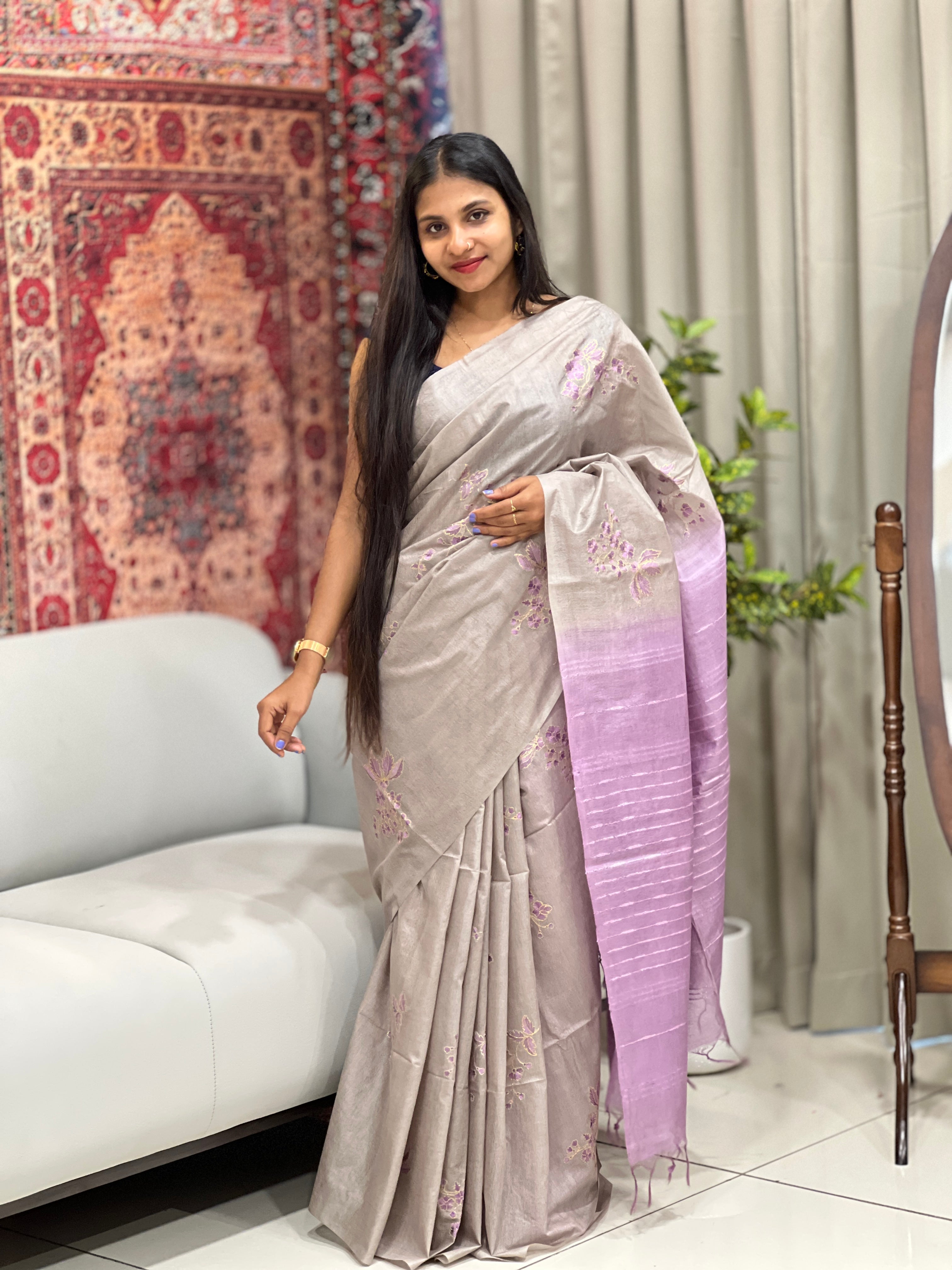 Floral Placement Detailed Bhagalpuri Linen Saree | DLS290