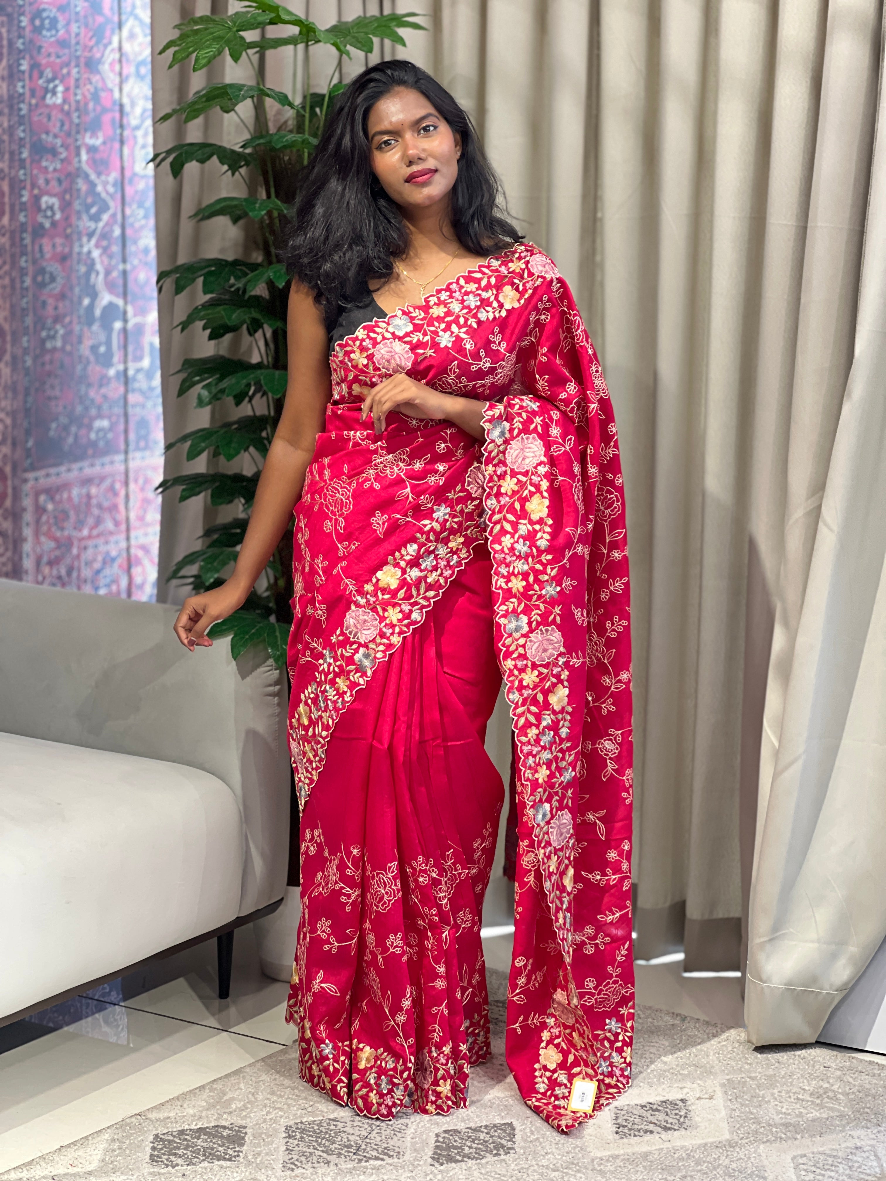 Floral Machine Embroidery Detailed Semi Tussar Saree | DVS263