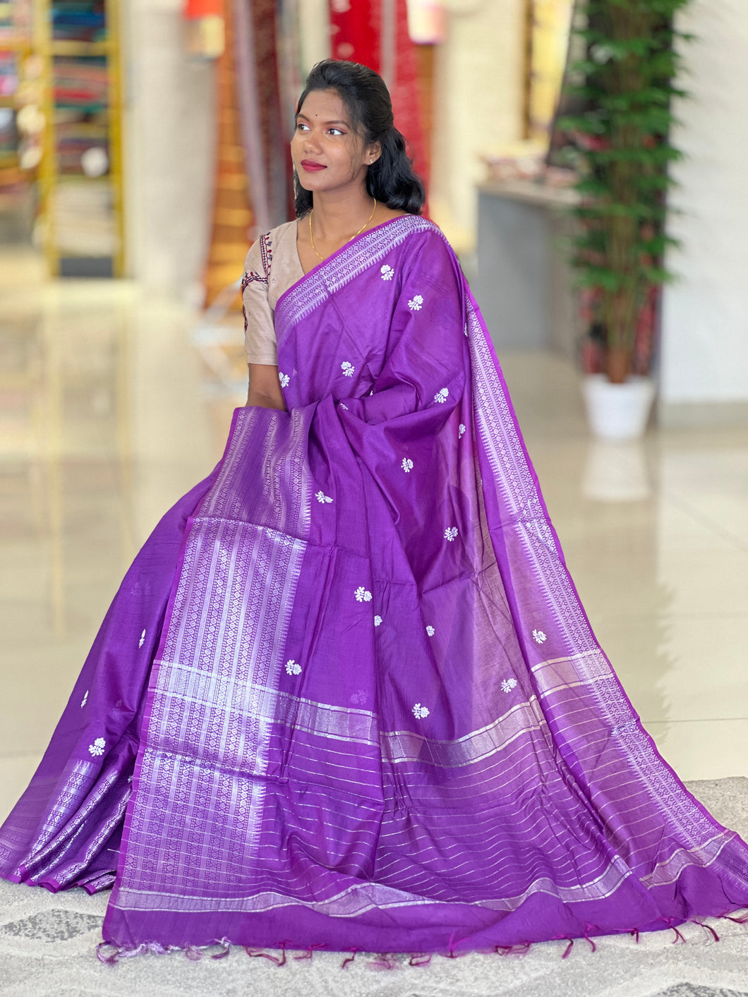 Floral Embroidery Bhagalpuri Linen Saree | NHH455