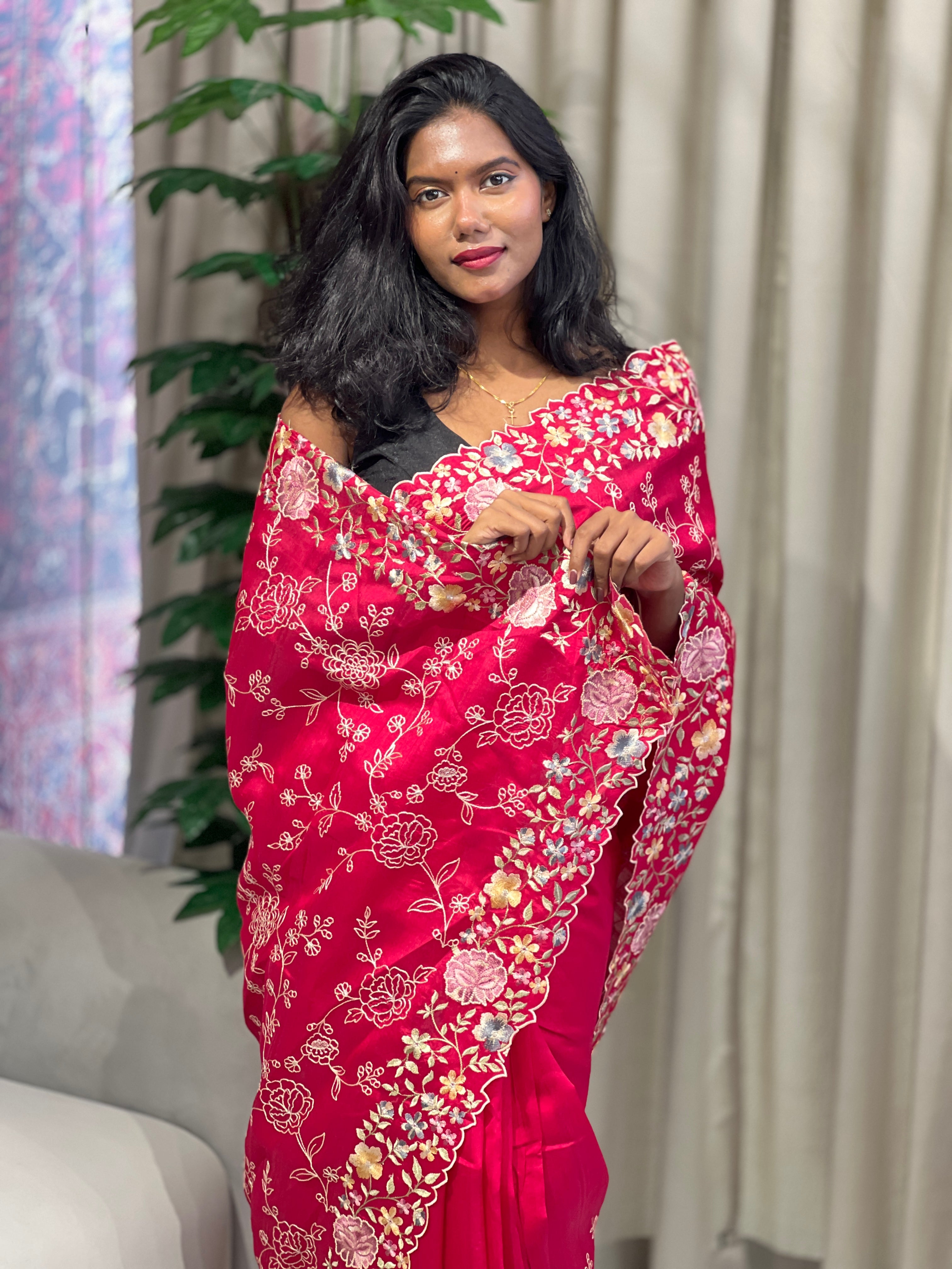 Floral Machine Embroidery Detailed Semi Tussar Saree | DVS263