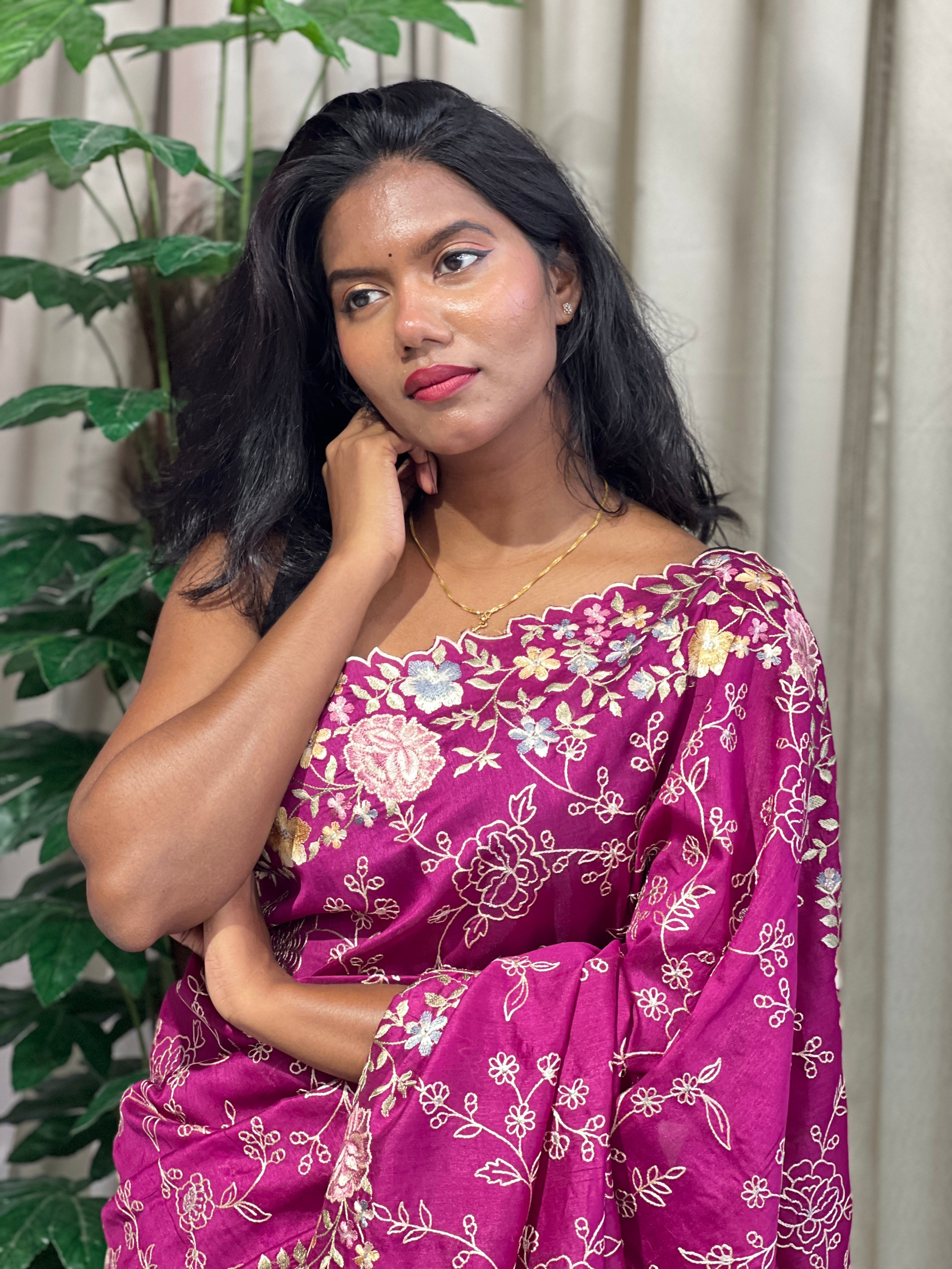 Floral Machine Embroidery Detailed Semi Tussar Saree | DVS262