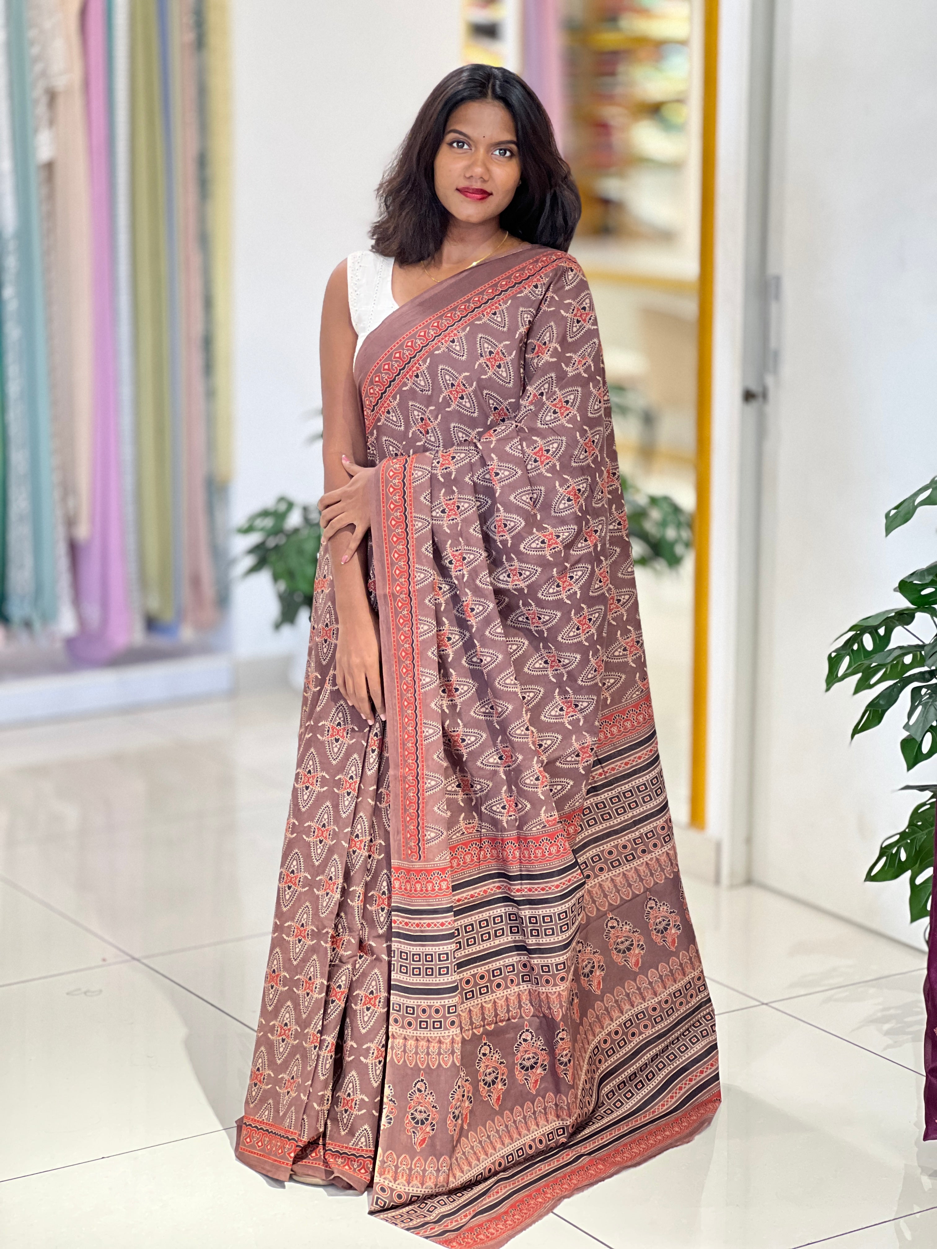 Ajrakh Pattern Printed Cotton Saree | VFC623