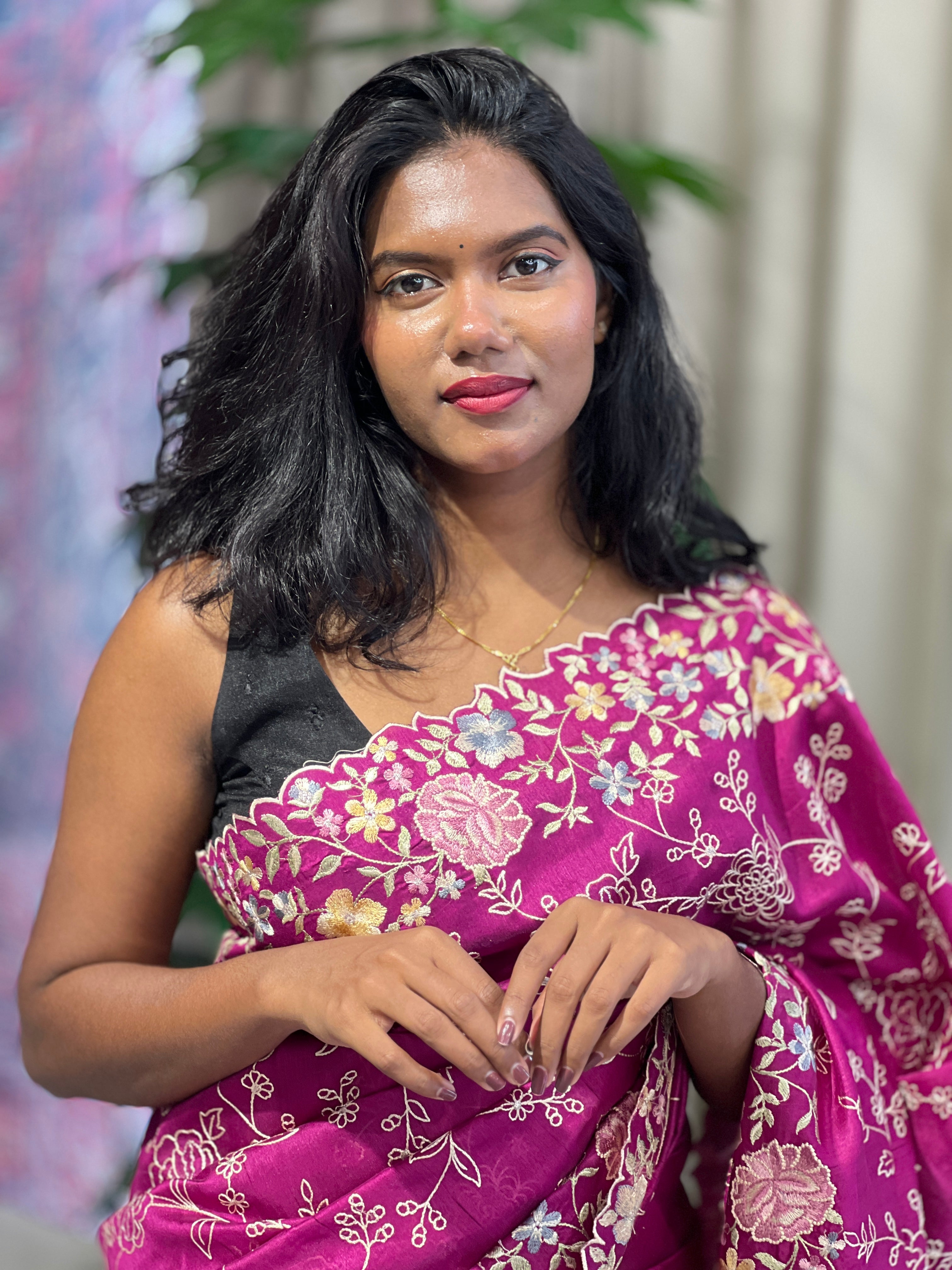 Floral Machine Embroidery Detailed Semi Tussar Saree | DVS262