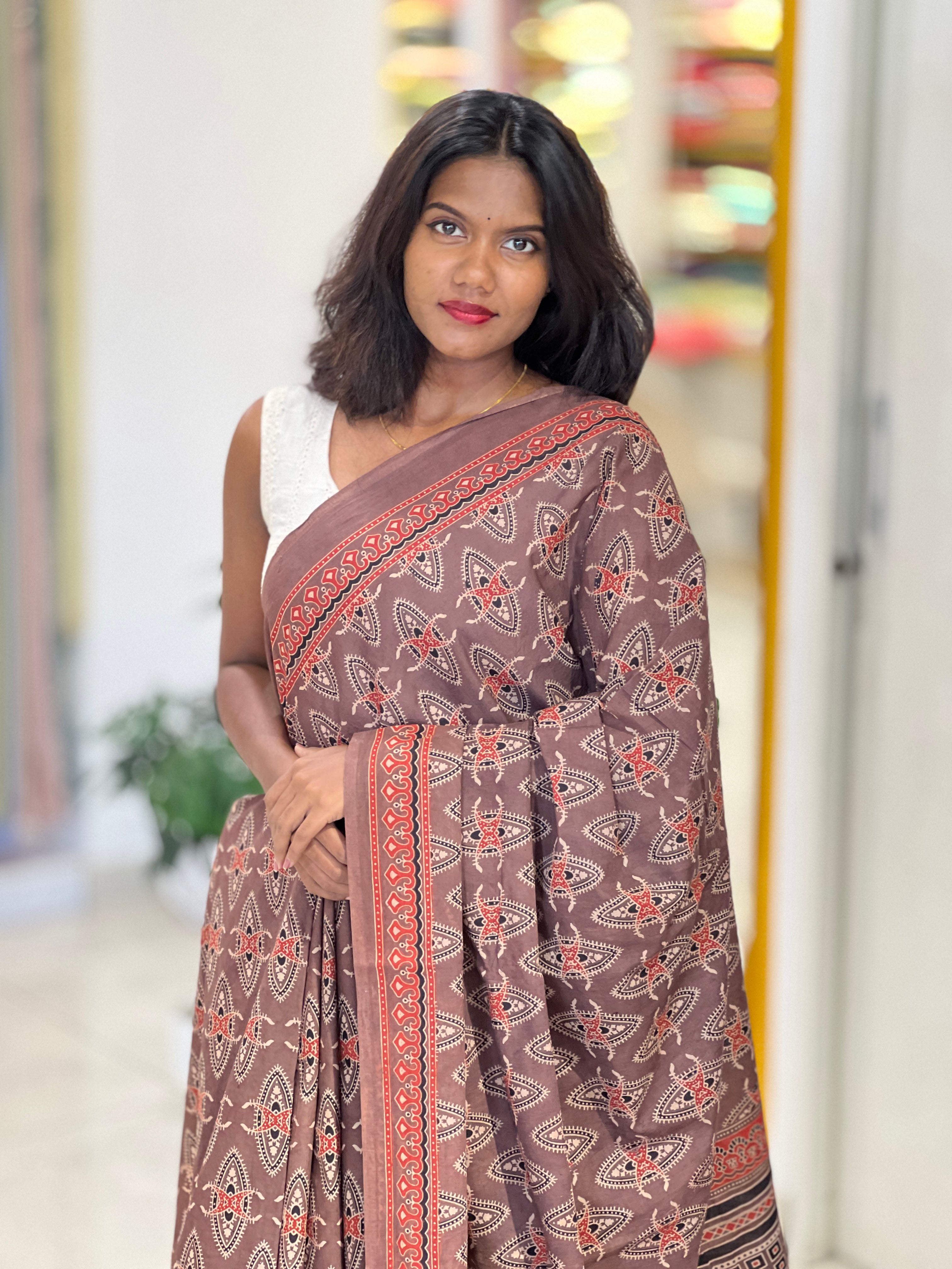 Ajrakh Pattern Printed Cotton Saree | VFC623